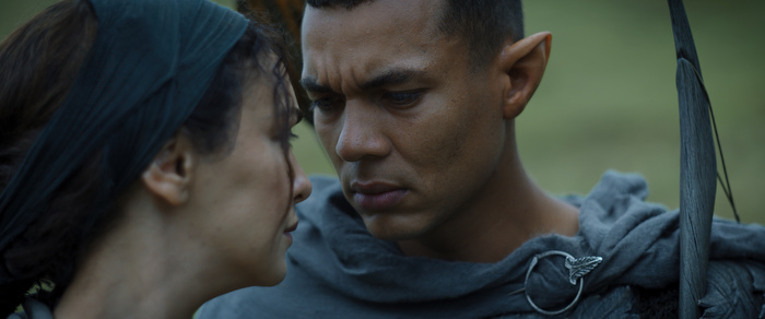 Ismael Cruz Córdova as Arondir and Nazanin Boniadi as Bronwyn in ‘The Lord of the Rings: The Rings of Power’. Image: courtesy of Amazon Studios