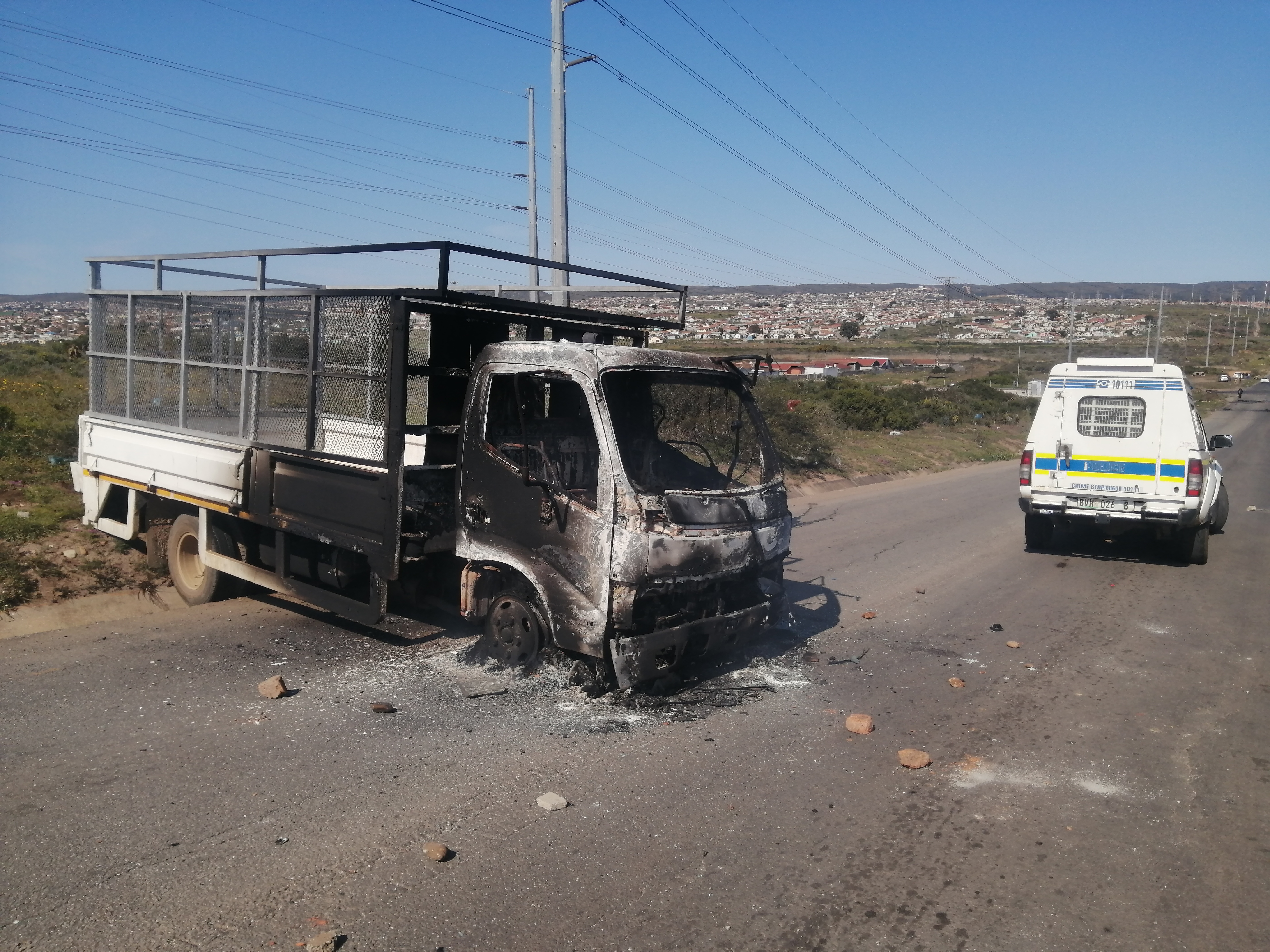 A truck torched by residents on Thursday., Gqeberha