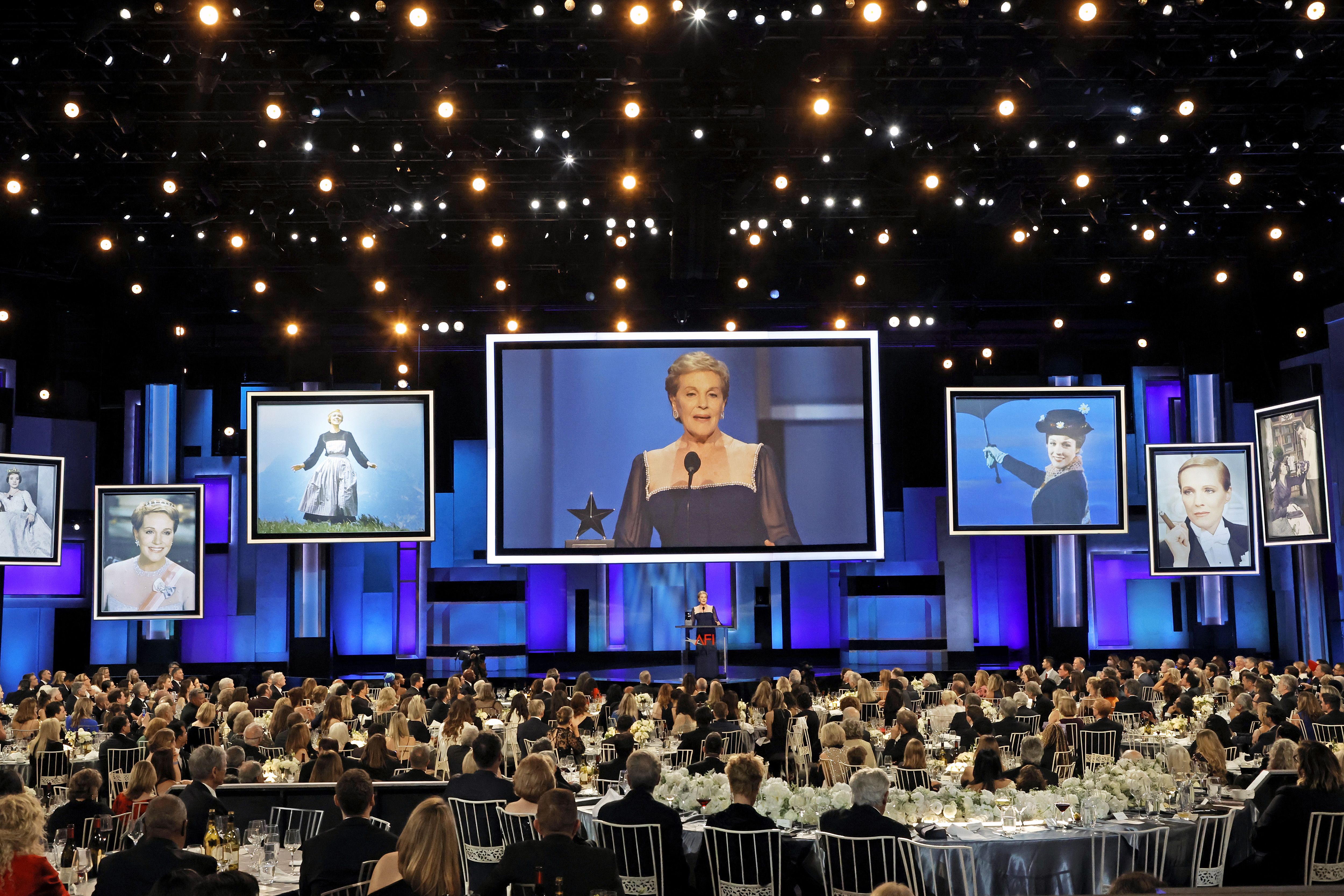 HOLLYWOOD, CALIFORNIA - JUNE 09: Honoree Julie Andrews accepts the AFI Life Achievement Award onstage during the 48th Annual AFI Life Achievement Award Honoring Julie Andrews at Dolby Theatre on June 09, 2022 in Hollywood, California. (Photo by Kevin Winter/Getty Images for TNT)
