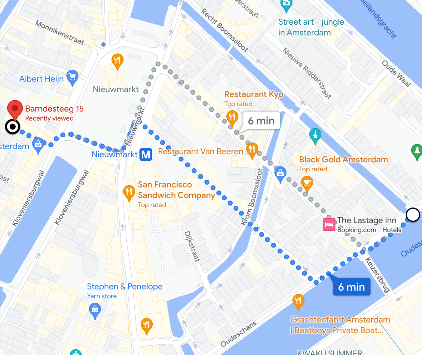 The walk from my flat in Barndesteeg to my great-grandfather's street. Google maps