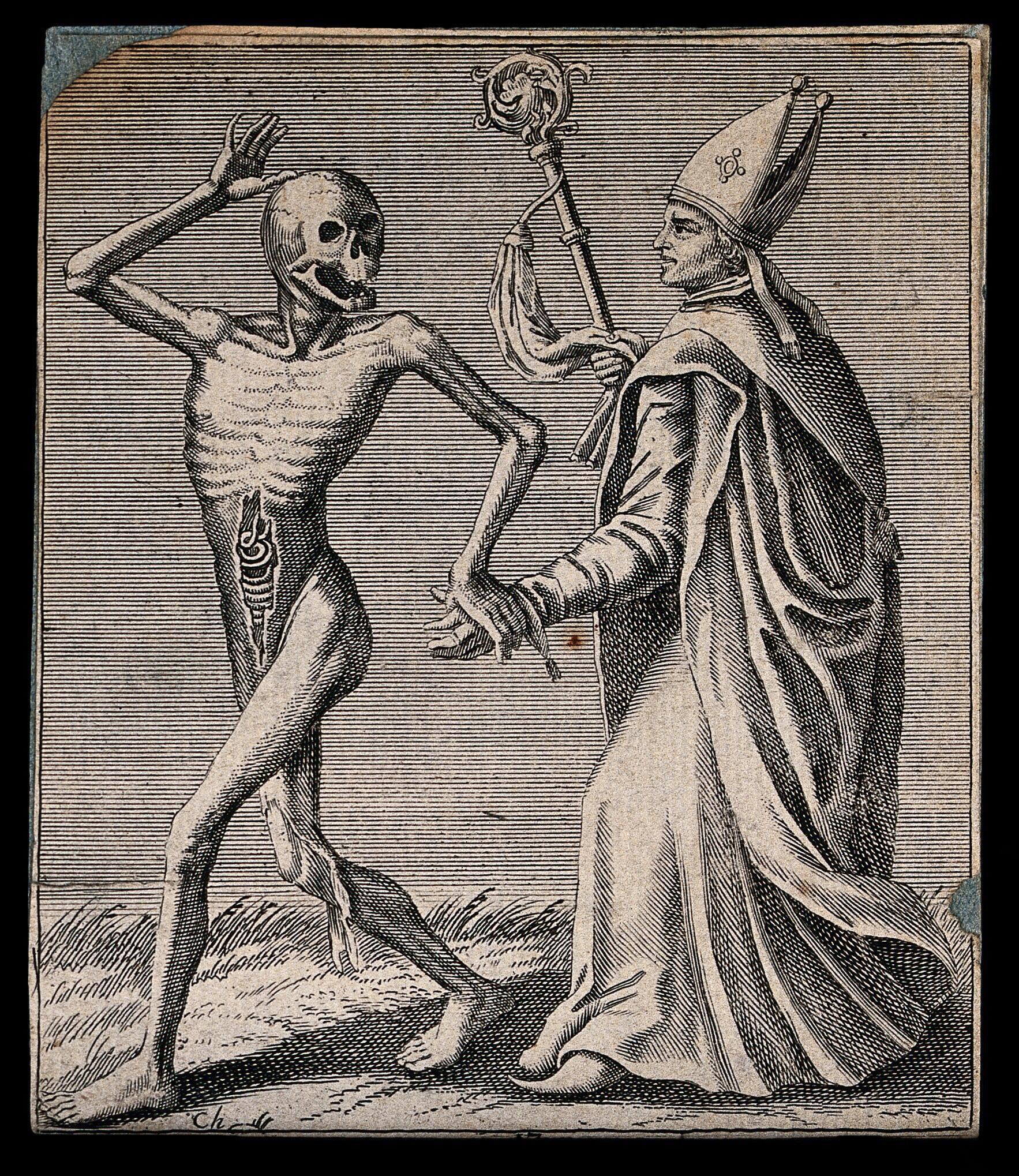 Everyone from the poor to the powerful will eventually dance with death. Dance of death: death and the bishop. Etching attributed to J.-A. Chovin, 1720-1776, after the Basel dance of death. Wellcome Collection., CC BY