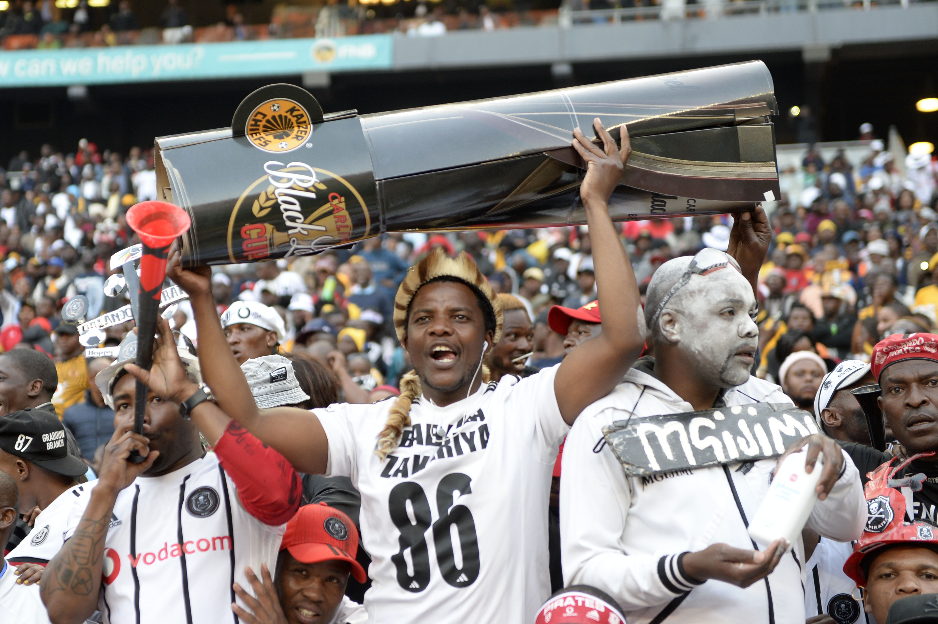 JOHANNESBURG, SOUTH AFRICA - JULY 27: Fans during the Carling Black Label Cup match between Orlando Pirates and Kaizer Chiefs at FNB Stadium on July 27, 2019 in Johannesburg, South Africa. (Photo by Lee Warren/Gallo Images/Getty Images)