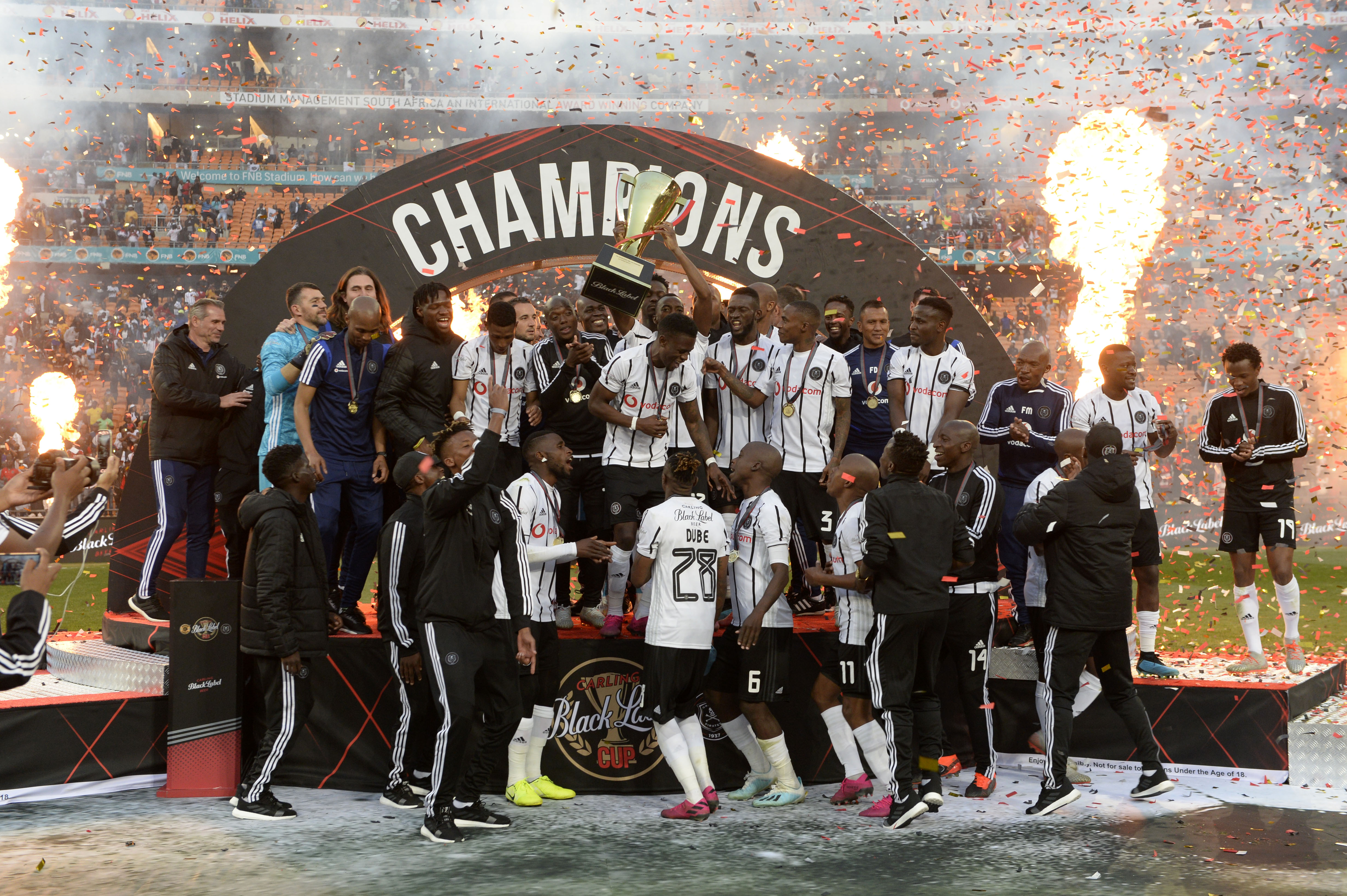 JOHANNESBURG, SOUTH AFRICA - JULY 27: Pirates celebrate following the Carling Black Label Cup match between Orlando Pirates and Kaizer Chiefs at FNB Stadium on July 27, 2019 in Johannesburg, South Africa. (Photo by Lee Warren/Gallo Images/Getty Images)