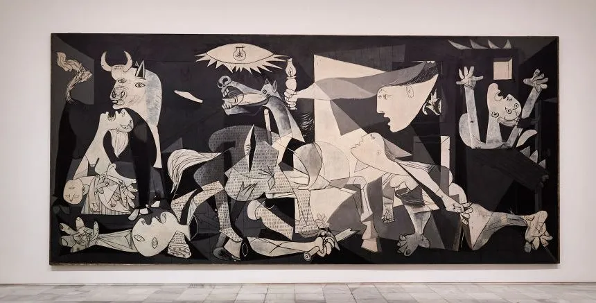 MADRID, SPAIN - JUNE 03: (EDITORIAL USE ONLY) A general view of 'Guernica' by Pablo Picasso at the Reina Sofia Museum during a press preview before its reopening to the public, during the coronavirus (COVID-19) pandemic on June 03, 2020, in Madrid, Spain. (Photo by Carlos Alvarez/Getty Images)