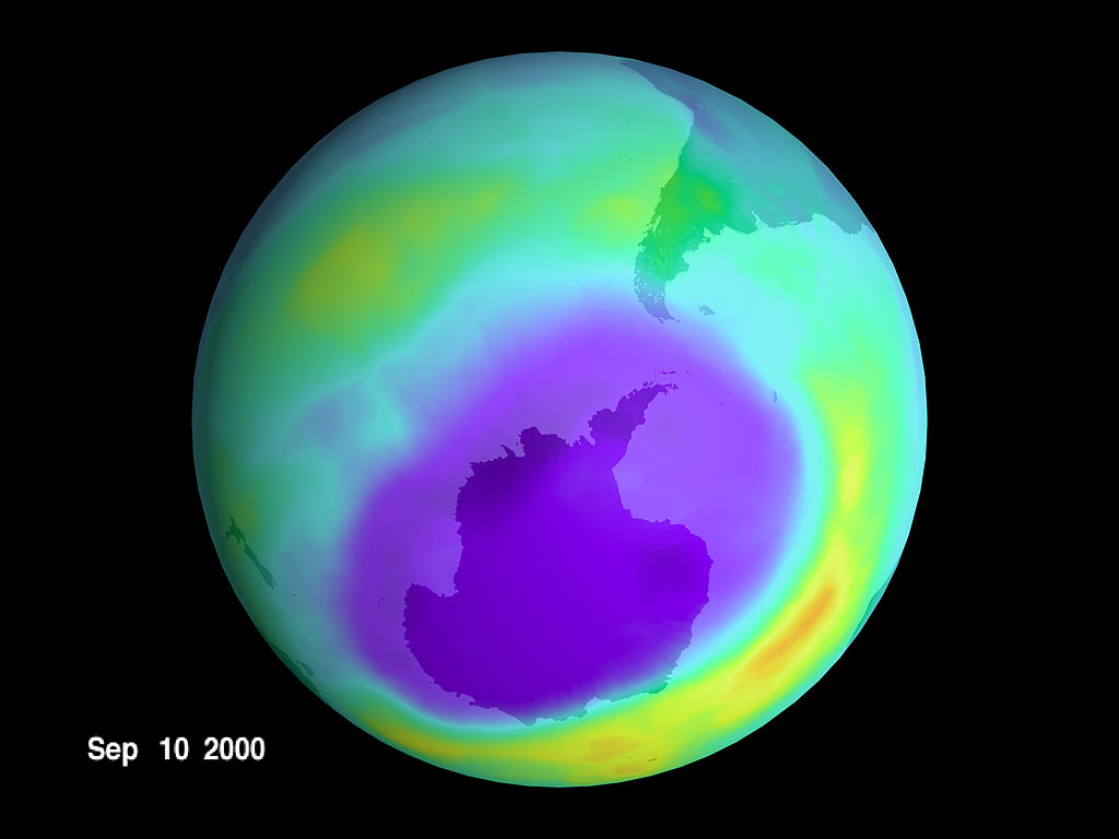 Scientists at NASA said they have located the largest ozone hole ever recorded. In a report released October 3, 2000, the Goddard Space Flight Center in Greenbelt, MD said satellites have observed an 11.5 million square-mile hole, a severe thinning of Earth's protective ozone layer, last month over Antarctica. The area is approximately three times the size of the United States. Image: Newsmakers