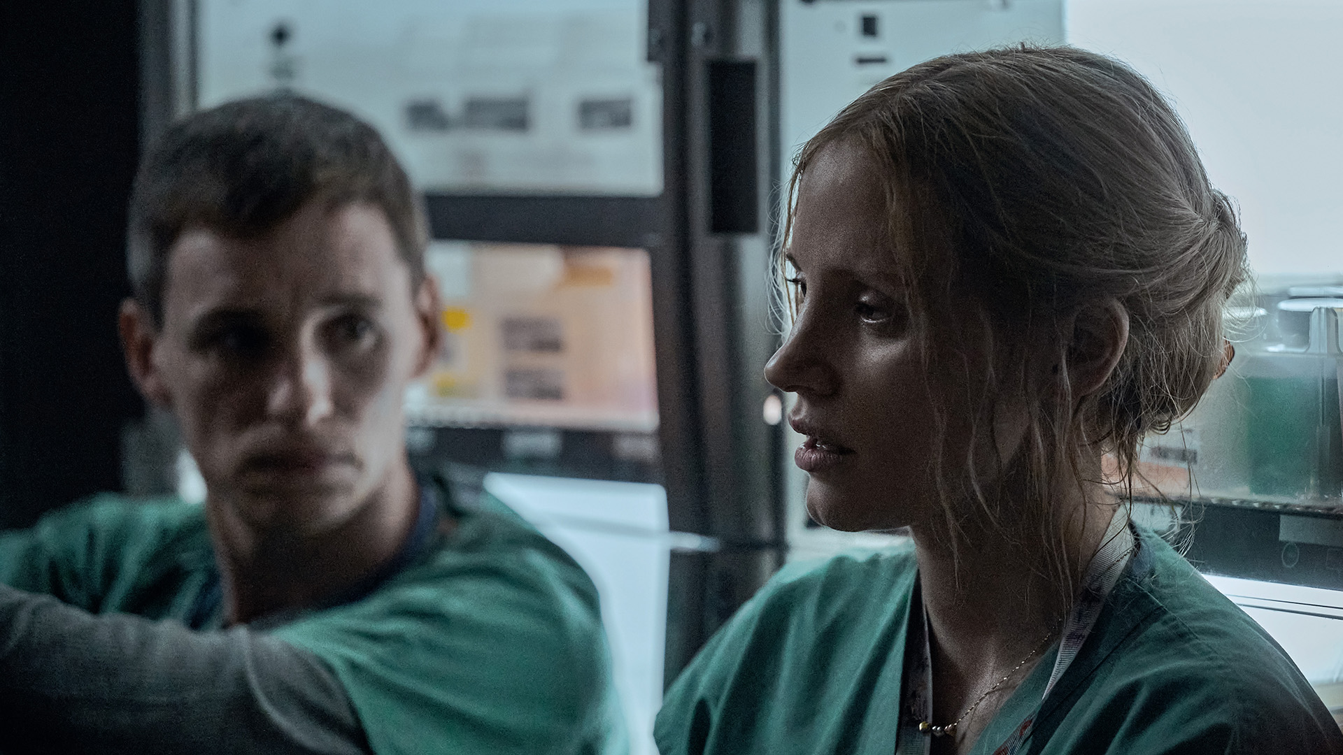 Eddie Redmayne as Charlie Cullen and Jessica Chastain as Amy Loughren in ‘The Good Nurse’. Image: JoJo Whilden / Netflix