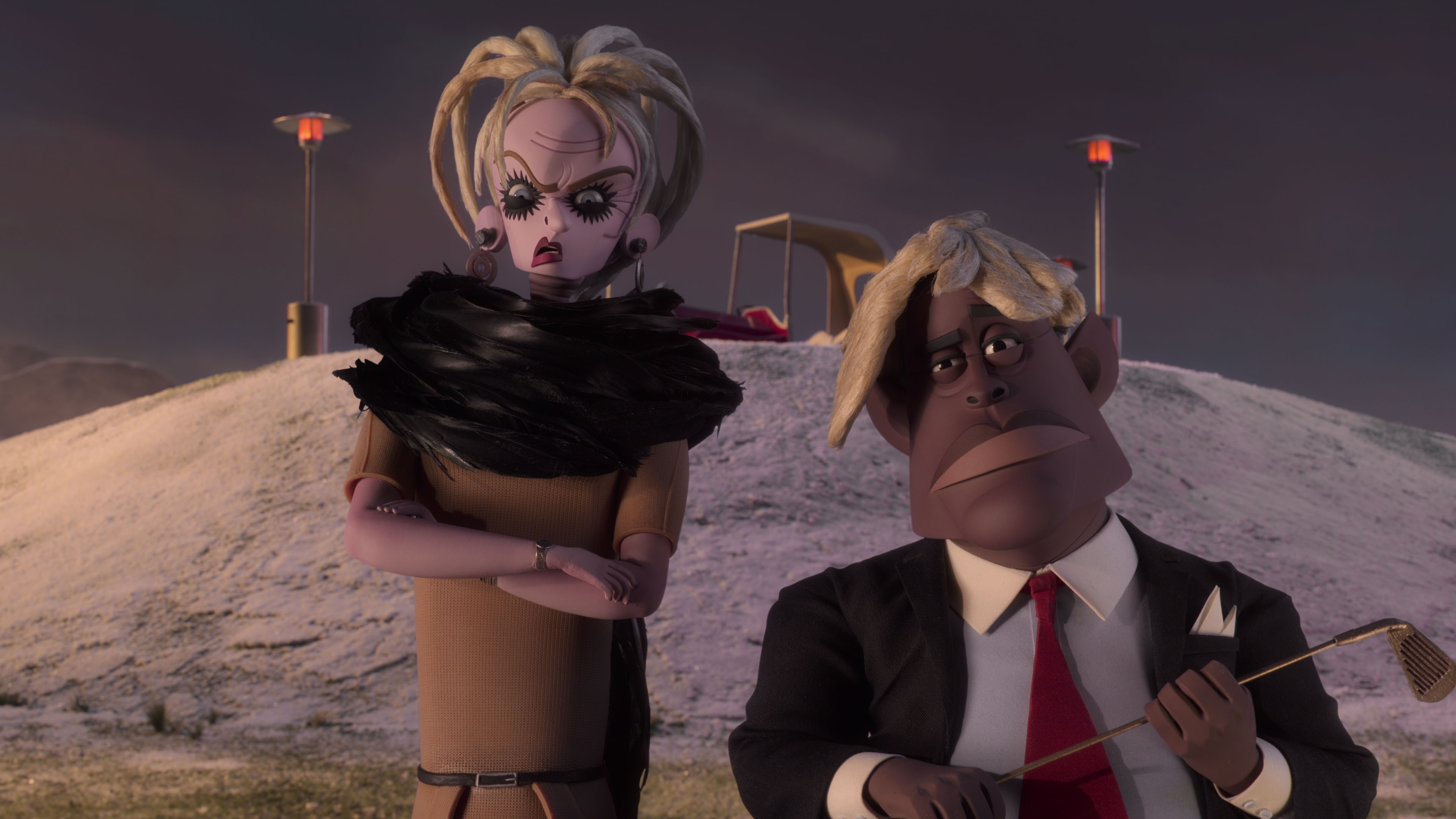 Production still from ‘Wendell and Wild’. (L-R) Irmgard Klaxon (voiced by Maxine Peake) and Lane Klaxon (voiced by David Harewood). Image: courtesy of Netflix