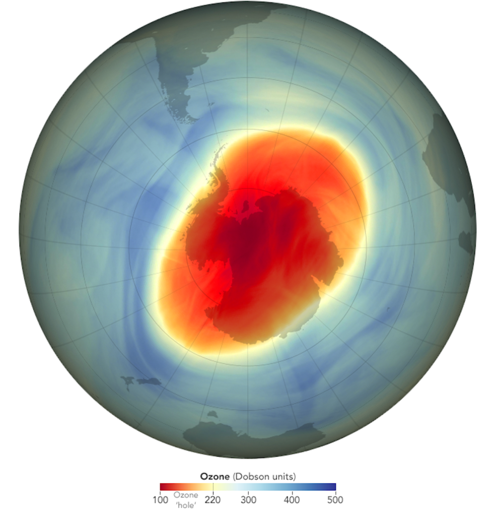 This map shows the size and shape of the ozone hole over the South Pole on Oct. 5, 2022, when it reached its single-day maximum extent for the year. The annual Antarctic ozone hole reached an average area of 8.9 million square miles (23.2 million square kilometers) between Sept. 7 and Oct. 13, 2022. This depleted area of the ozone layer over the South Pole was slightly smaller than last year and generally continued the overall shrinking trend of recent years. Image: Credits: NASA Earth Observatory / Joshua Stevens.