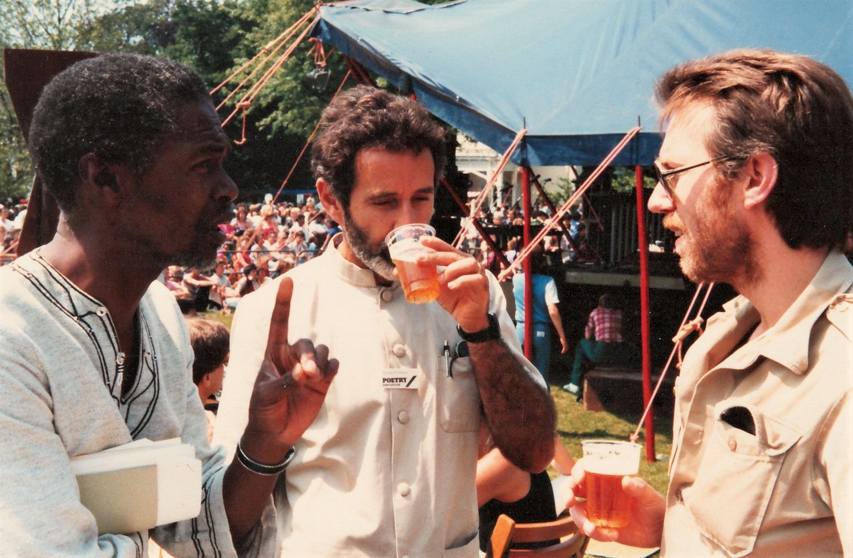 Cosmo Pieterse, Breyten Breytenbach and Anthony Akerman in 1983 at Poetry International. Image: Anthony Akerman