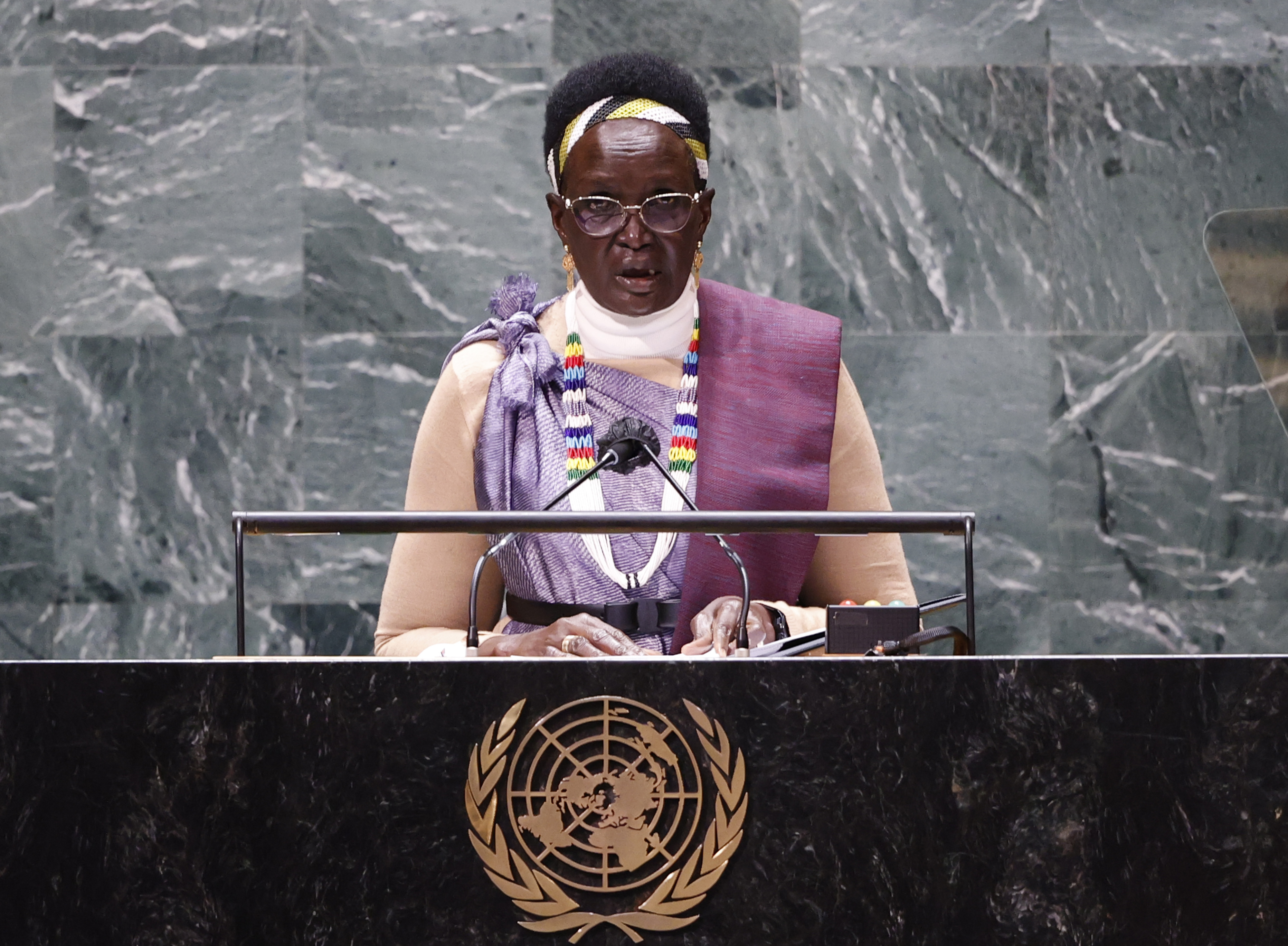 NEW YORK, NEW YORK - SEPTEMBER 24: Rebecca Nyandeng De Mabior, Vice President of South Sudan addresses the 76th Session of the U.N. General Assembly at U.N. headquarters on September 24, 2021 in New York City. More than 100 heads of state or government are attending the session in person, although the size of delegations are smaller due to the Covid-19 pandemic. (Photo by John Angelillo - Pool/Getty Images)