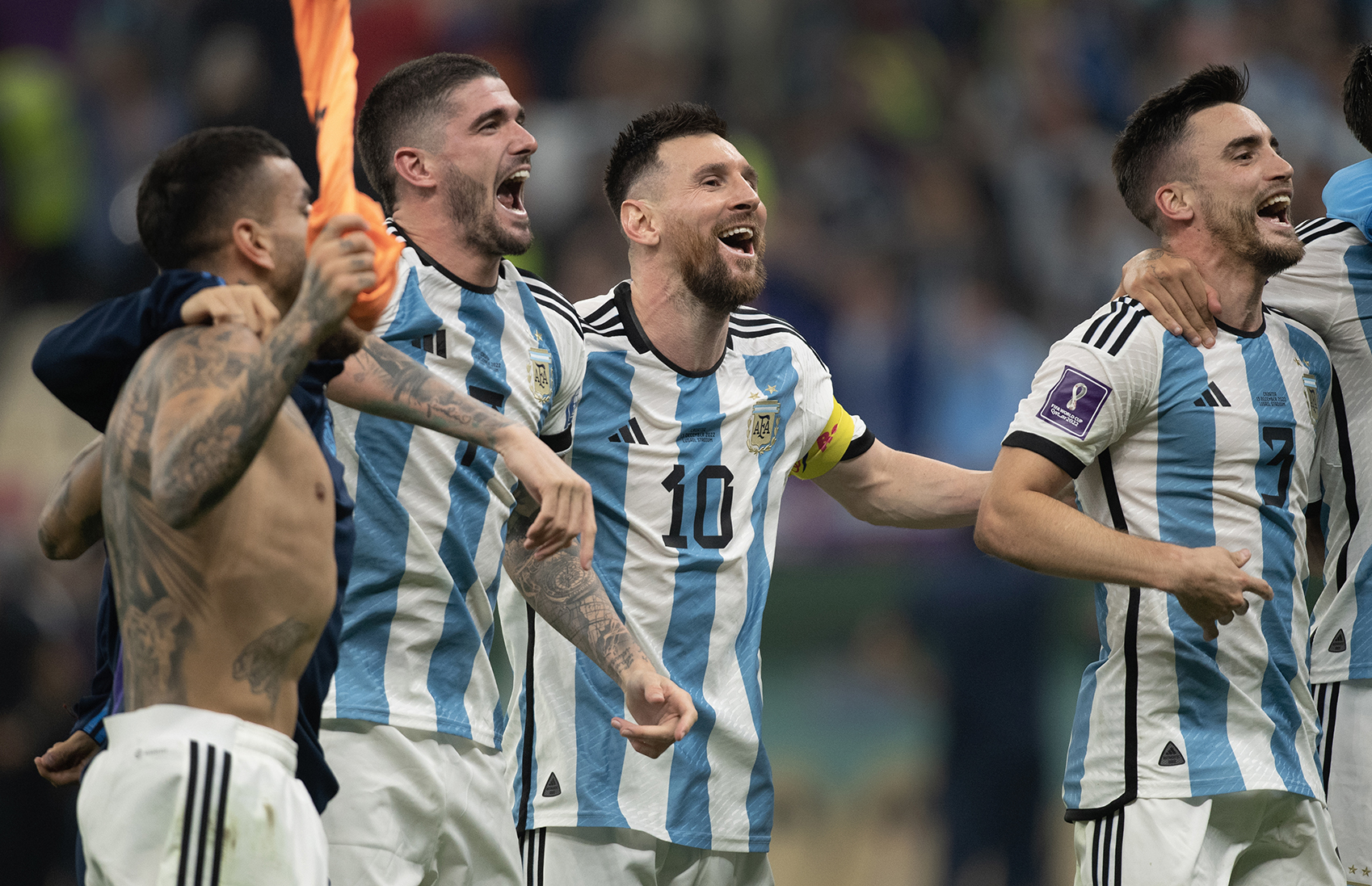 Cristian Romero, Rodrigo De Paul, Lionel Messi and Nicolas Tagliafico of Argentina