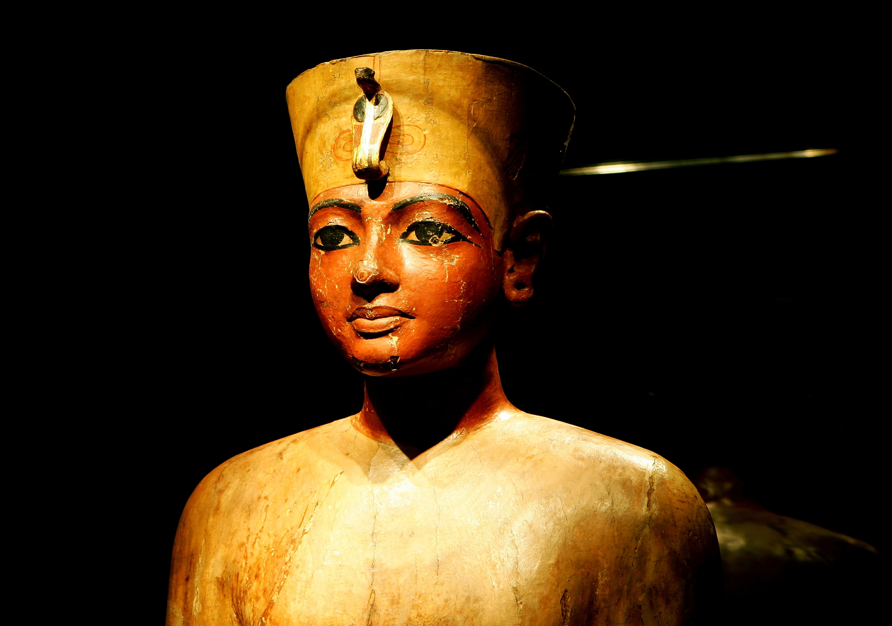 LOS ANGELES, CA - JUNE 15: Mannequin (bust of Tutankhamun) is on display during the "Tutankhamun And The Golden Age Of The Pharaohs" Exhibit Opening at the Los Angeles County Museum of Art (LACMA) on June 15, 2005 in Los Angeles, California. Carved of wood and then covered in gesso and painted, this bust of Tutankhamun portrays the young king much more as a youthful figure than a divine being. (Photo by Ethan Miller/Getty Images)