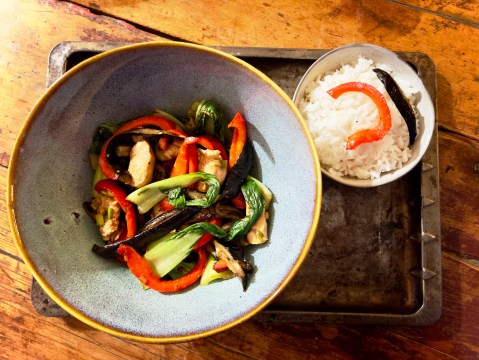 What’s cooking today: Chicken stir fry with aubergine and pak choy