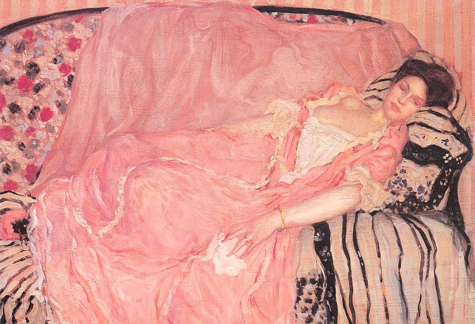 Portrait of Madame Gely in pinkby Frederick Carl Frieseke (1907). Image: Wikimedia Commons