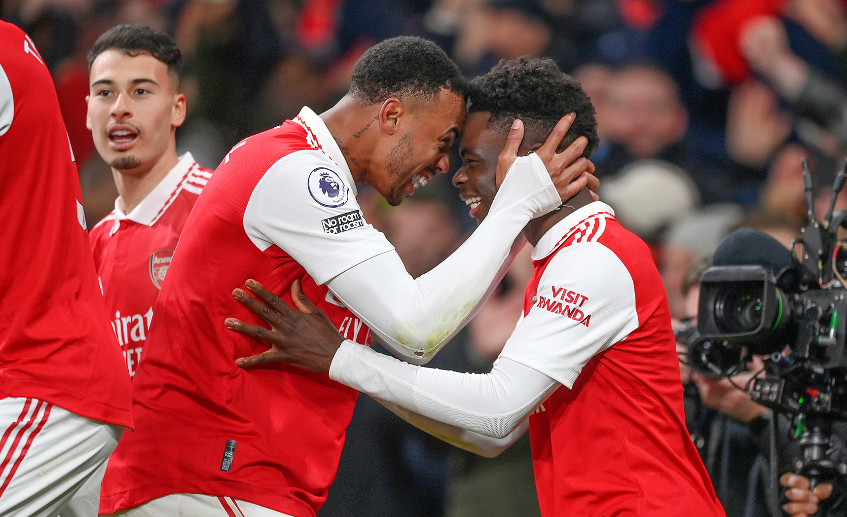 Bukayo Saka celebrates with Gabriel of Arsenal, Gunners