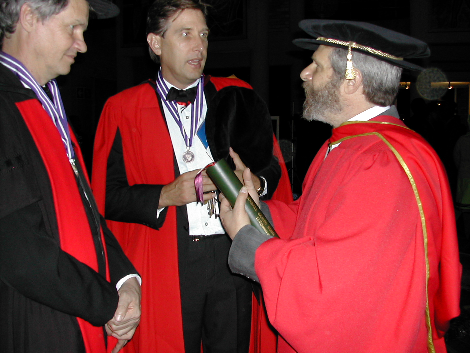 Pat Terry, Peter Clayton and Randy Bush in discussion in 2002, when Randy Bush was awarded an Honorary Doctorate by Rhodes University. Image: Supplied / François Jacot-Guillarmod