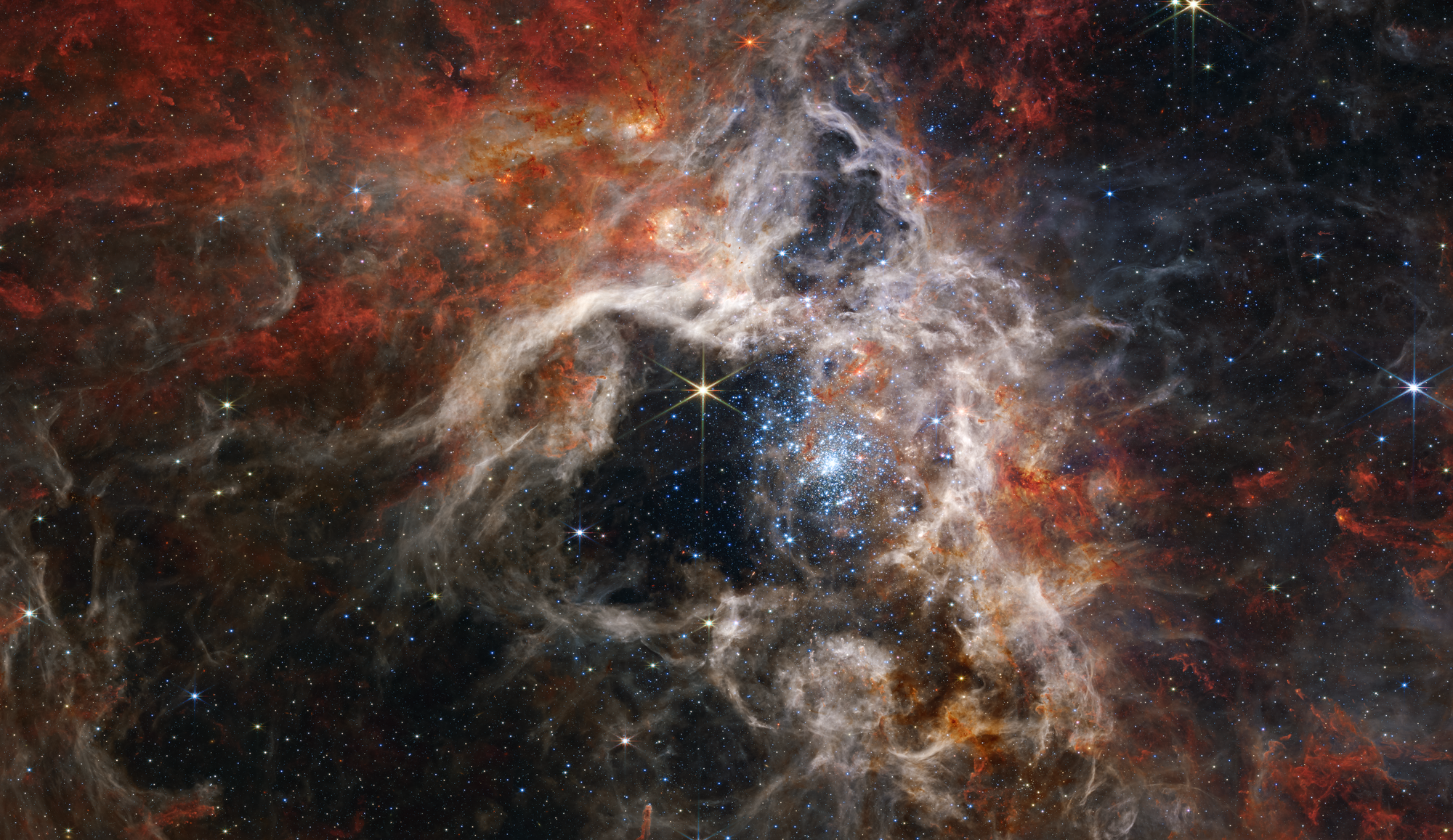 In this mosaic image stretching 340 light-years across, Webb’s Near-Infrared Camera (NIRCam) displays the Tarantula Nebula star-forming region in a new light, including tens of thousands of never-before-seen young stars that were previously shrouded in cosmic dust. The most active region appears to sparkle with massive young stars, appearing pale blue. Scattered among them are still-embedded stars, appearing red, yet to emerge from the dusty cocoon of the nebula. NIRCam is able to detect these dust-enshrouded stars thanks to its unprecedented resolution at near-infrared wavelengths. To the upper left of the cluster of young stars, and the top of the nebula’s cavity, an older star prominently displays NIRCam’s distinctive eight diffraction spikes, an artifact of the telescope’s structure. Following the top central spike of this star upward, it almost points to a distinctive bubble in the cloud. Young stars still surrounded by dusty material are blowing this bubble, beginning to carve out their own cavity. Astronomers used two of Webb’s spectrographs to take a closer look at this region and determine the chemical makeup of the star and its surrounding gas. This spectral information will tell astronomers about the age of the nebula and how many generations of star birth it has seen. Image: NASA, ESA, CSA, STScI, Webb ERO Production Team