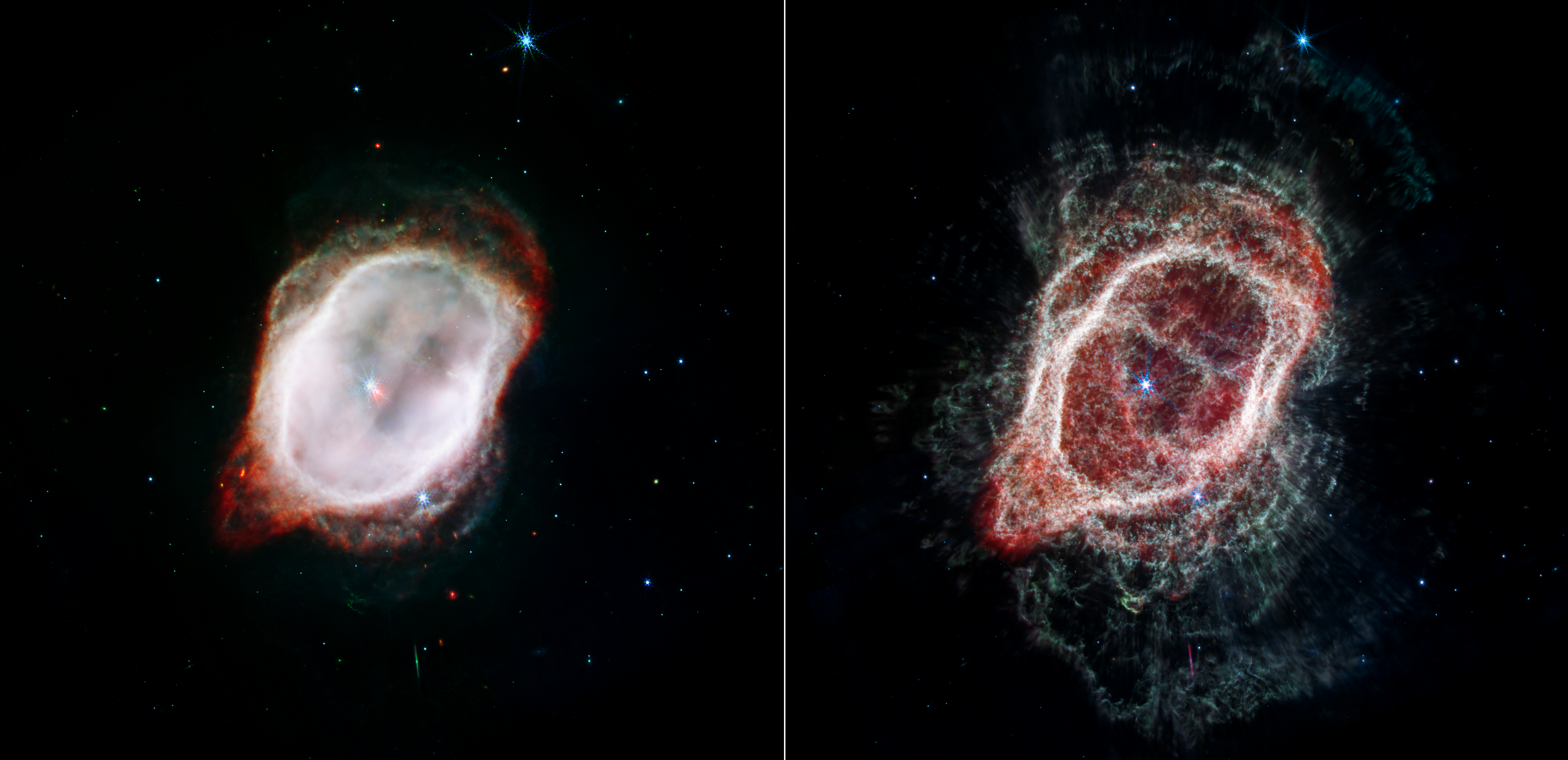 The Webb Space Telescope offers dramatically different views of the same scene! Each image combines near- and mid-infrared light from three filters. At left, Webb’s image of the Southern Ring Nebula highlights the very hot gas that surrounds the central stars. This hot gas is banded by a sharp ring of cooler gas, which appears in both images. At right, Webb’s image traces the star’s scattered outflows that have reached farther into the cosmos. Most of the molecular gas that lies outside the band of cooler gas is also cold. It is also far clumpier, consisting of dense knots of molecular gas that form a halo around the central stars. Image: NASA, ESA, CSA, STScI, Orsola De Marco (Macquarie University) / Joseph DePasquale (STScI)
