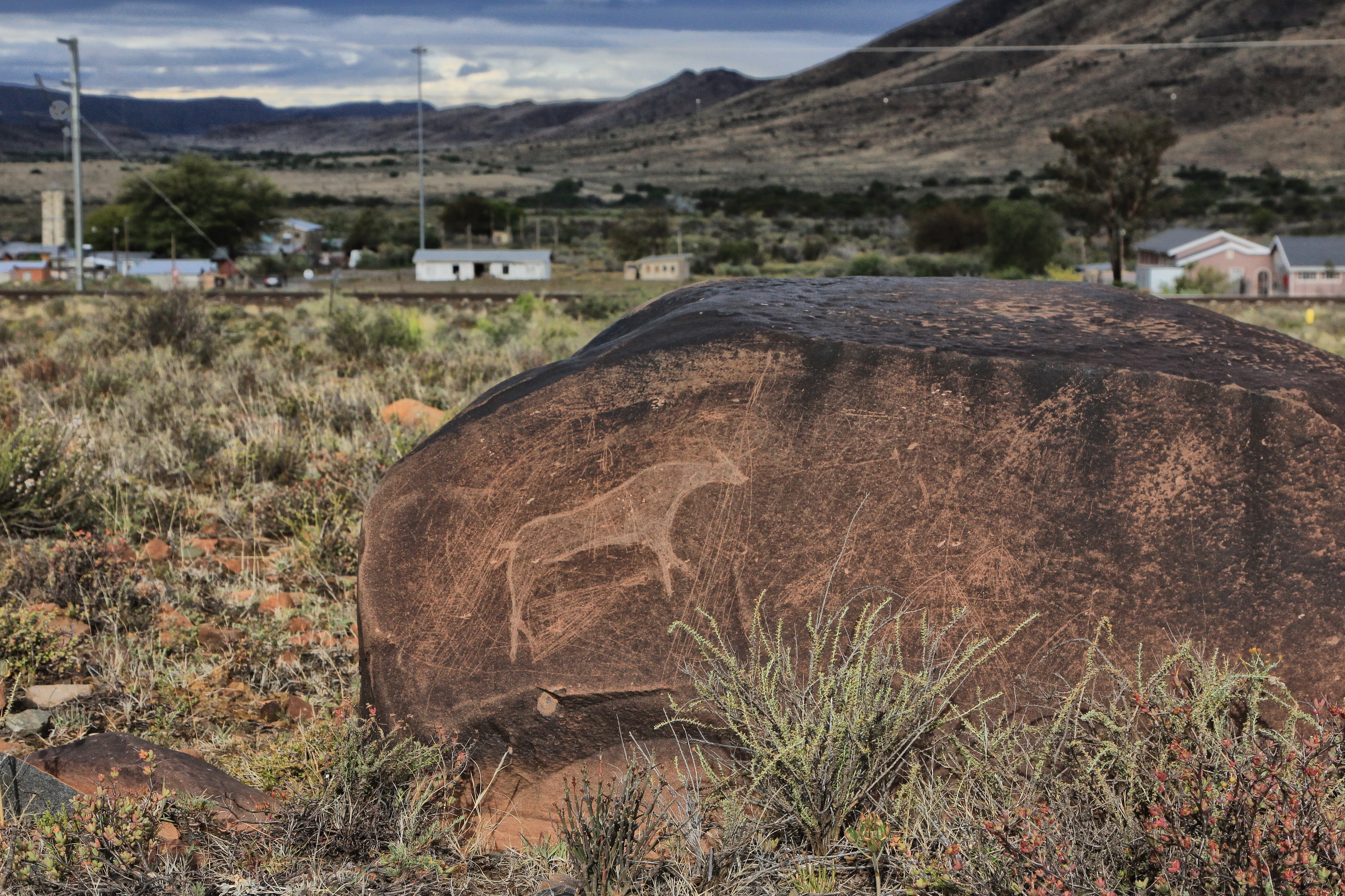A simple blesbok engraving on a large dolerite rock, with Nelspoort in the background. Image: Chris Marais