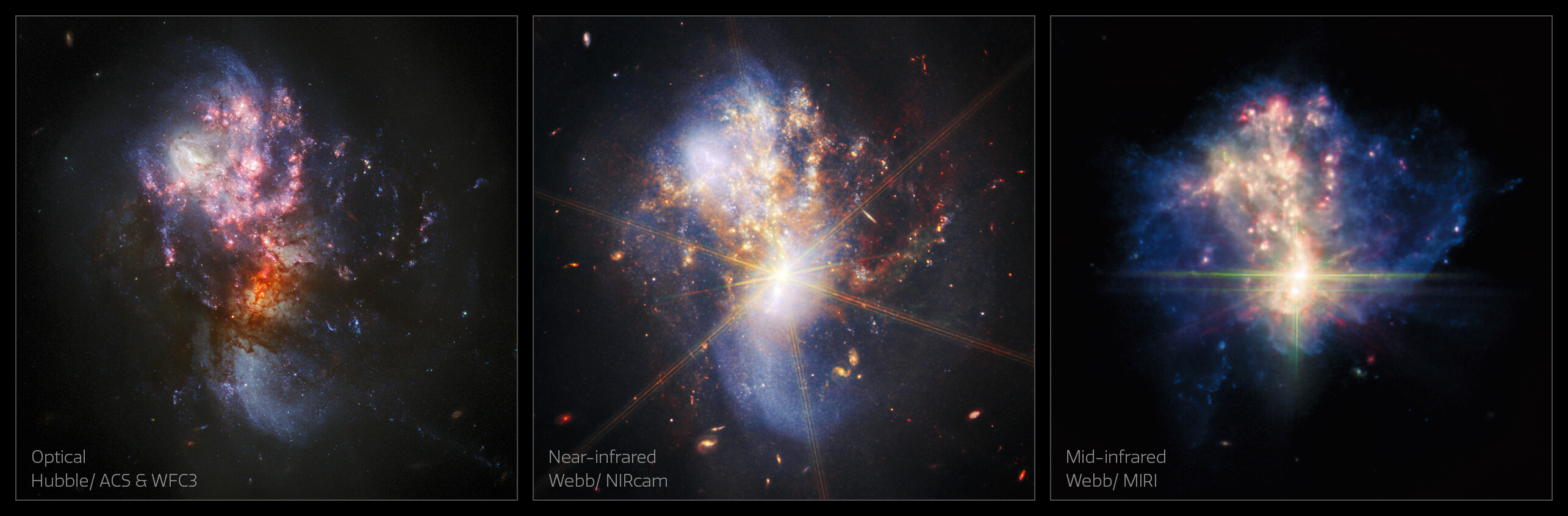 Here, the Webb Picture of the Month of merging galaxies IC 1623 A and B is juxtaposed with a new image from the NASA/ESA Hubble Space Telescope. In the Webb MIRI image, the bright core, heated gas and dust, and young star forming regions are all visible. The Hubble and Webb NIRCAM images show the galaxies distorted spiral arms, while MIRI reveals the faint ghostly glow of interstellar dust. The image consists of three panels, each depicting the two merging galaxies on a dark background. The left panel is labelled “Optical Hubble/WFC3 & ACS”, the middle “Near-infrared Webb/NIRCam” and the right “Mid-infrared Webb/MIRI”. In the MIRI image, only the bright core, heated gas and bubbles of star formation are visible. The other two images also show the galaxies’ spiral arms.
