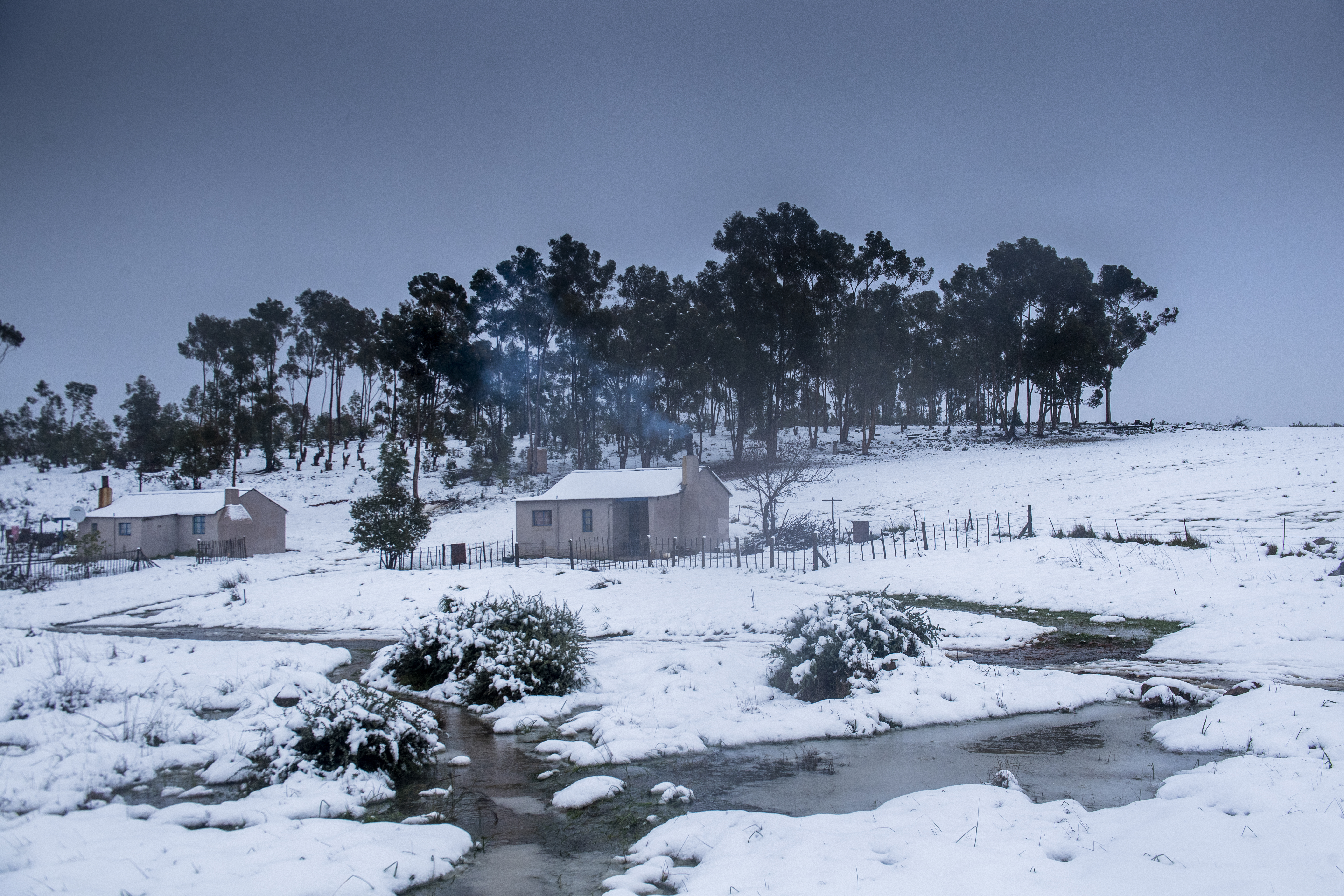 WESTERN CAPE, SOUTH AFRICA  JULY 02: A farm house at Bokkeveld during snow on July 02, 2018 in Western Cape, South Africa. Heavy snowfall in parts of the Western Cape led to closure of several mountain passes. According to the South African Weather Services, very cold conditions are expected across the country as a strong cold front approaches. (Photo by Gallo Images / Netwerk24 / Jaco Marais)