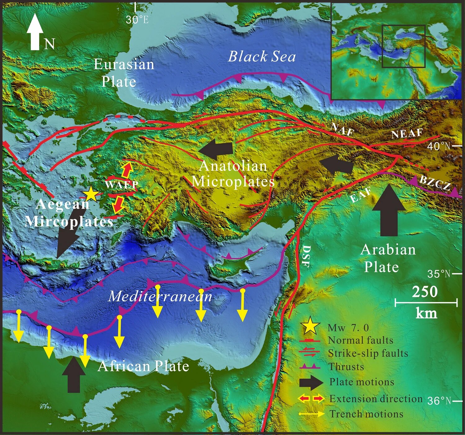 The movement of three competing tectonic plates causes frequent seismic activity in this region. Meng, J., Sinoplu, O., Zhou, Z. et al. Greece and Turkey Shaken by African tectonic retreat. Sci Rep 11, 6486 (2021).