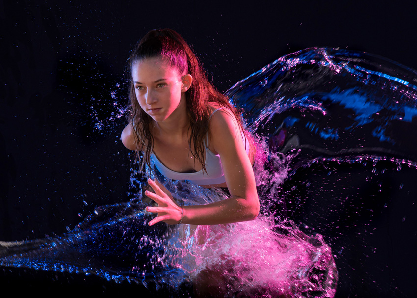 'Dynamic Athlete'. To demonstrate the dynamic nature of this young Swiss athlete I worked with water splashes and gelled lights. © Sandra Handschin, Switzerland, Winner, National Awards, Sony World Photography Awards 2023