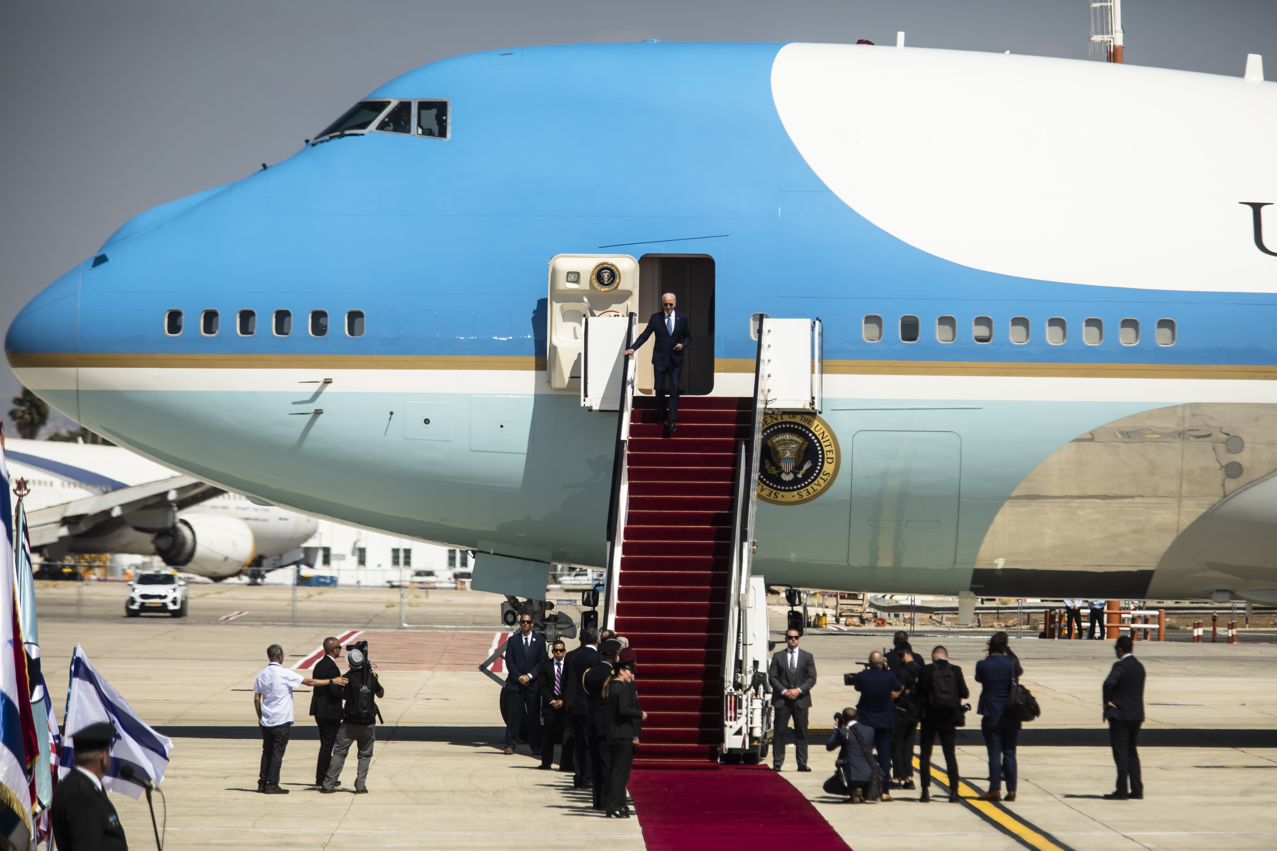 US President Joe Biden descends from Air Force One at Ben Gurion International Airport during Biden's visit to Israel on July 13, 2022 in Lod, Israel. Image: Amir Levy / Getty Images