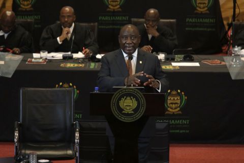 Cyril Ramaphosa, South Africa's president, delivers his annual address during the state of the nation ceremony at City Hall in Cape Town, South Africa, on Thursday, Feb. 9, 2023. With next years elections gearing up to be the most hotly contested since apartheid ended in 1994, Ramaphosa needs to provide solutions to the countrys myriad problems to bolster his chances of winning another term. Photographer: Dwayne Senior/Bloomberg via Getty Images
