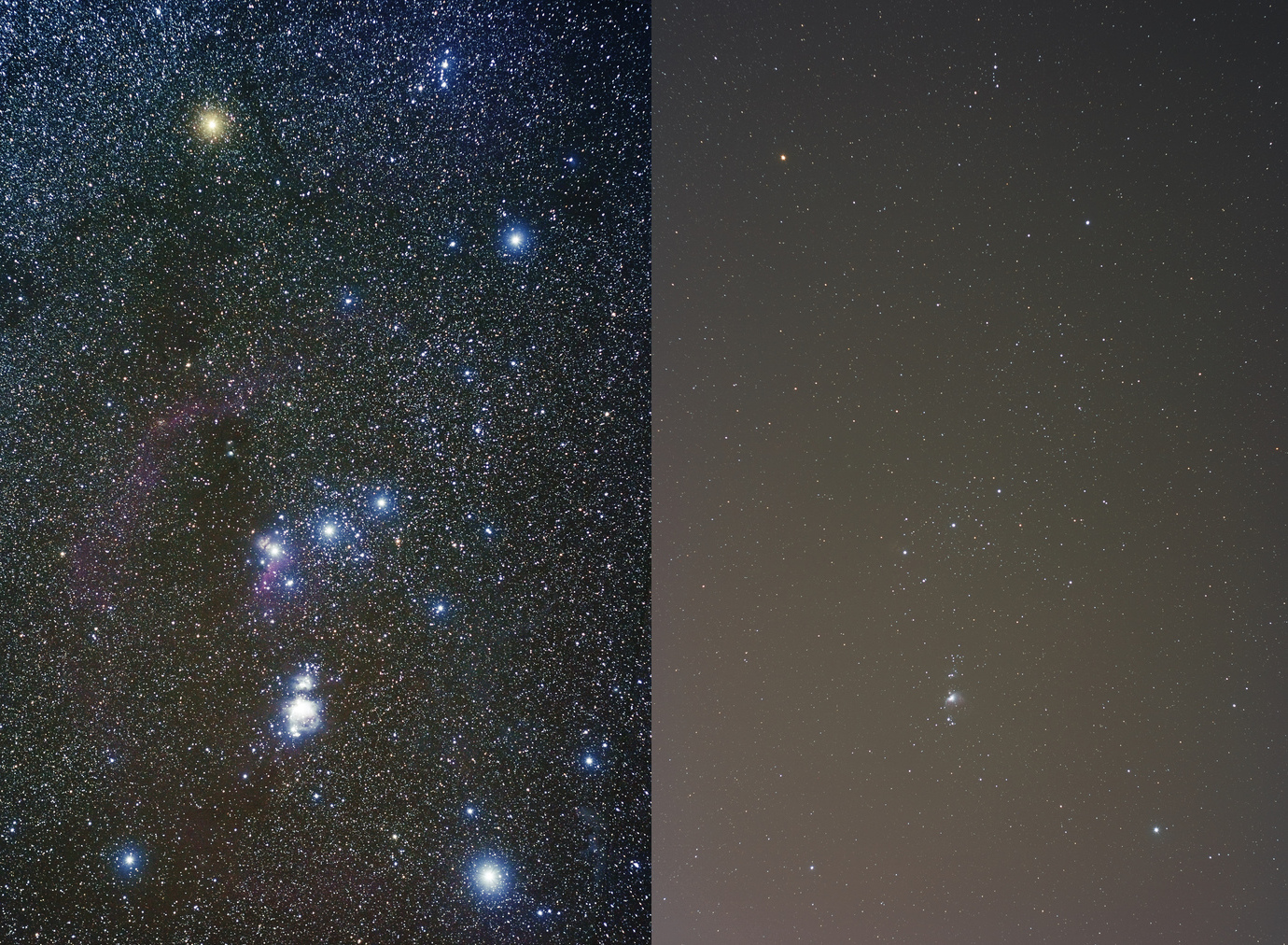 The constellation Orion, imaged at left from dark skies, and at right from Orem, UT at the heart of the Utah County, comprising about half a million people, 8 January 2009. Image: Jeremy Stanley / Wikimedia Commons