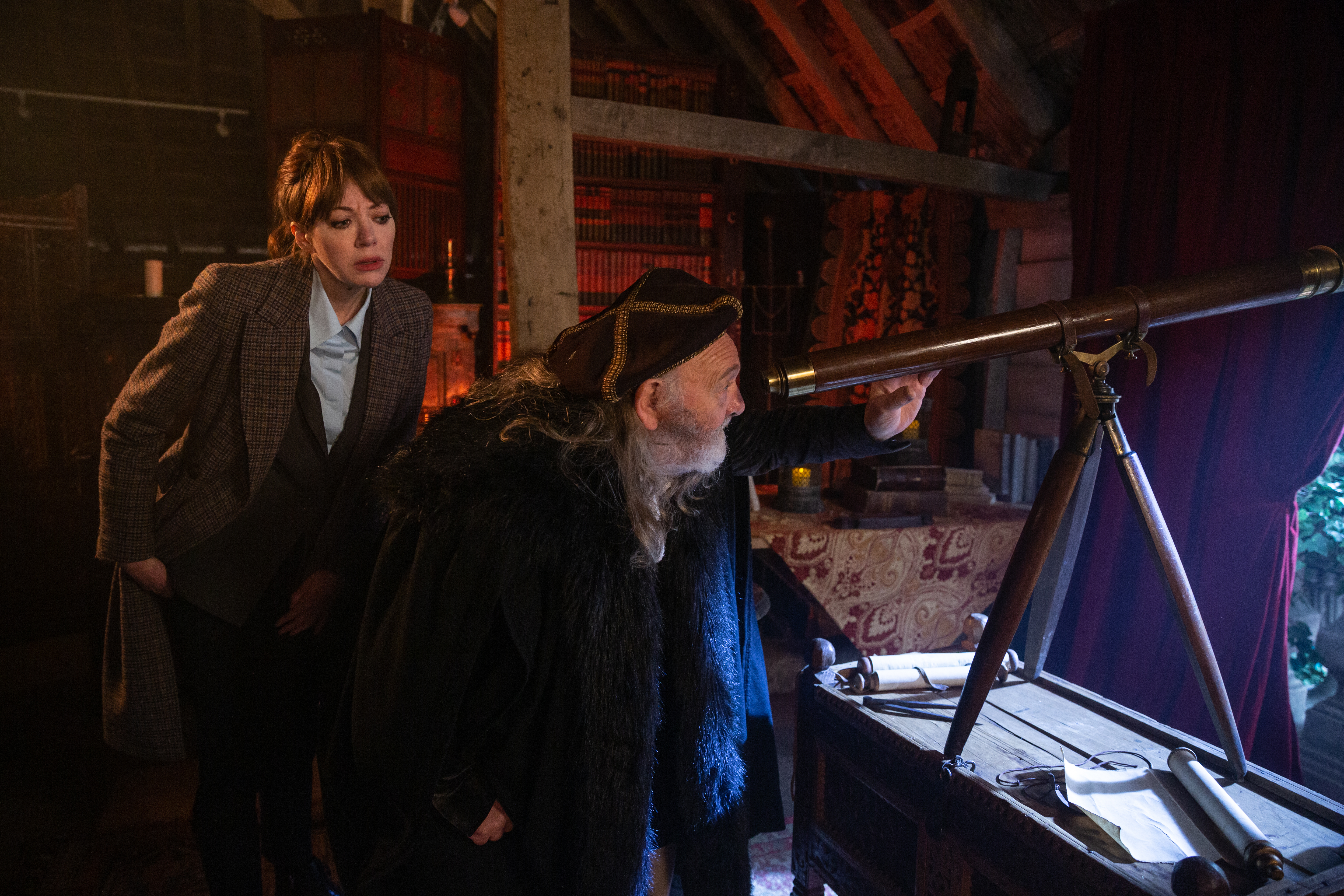 Diane Morgan as Philomena Cunk with 'Galileo' in 'Cunk on Earth'. Image: Courtesy of Netflix