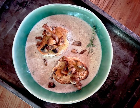 Tony Jackman’s cream of mushroom soup, topped with fried mushrooms on toasted multigrain baguette. (Photo: Tony Jackman)