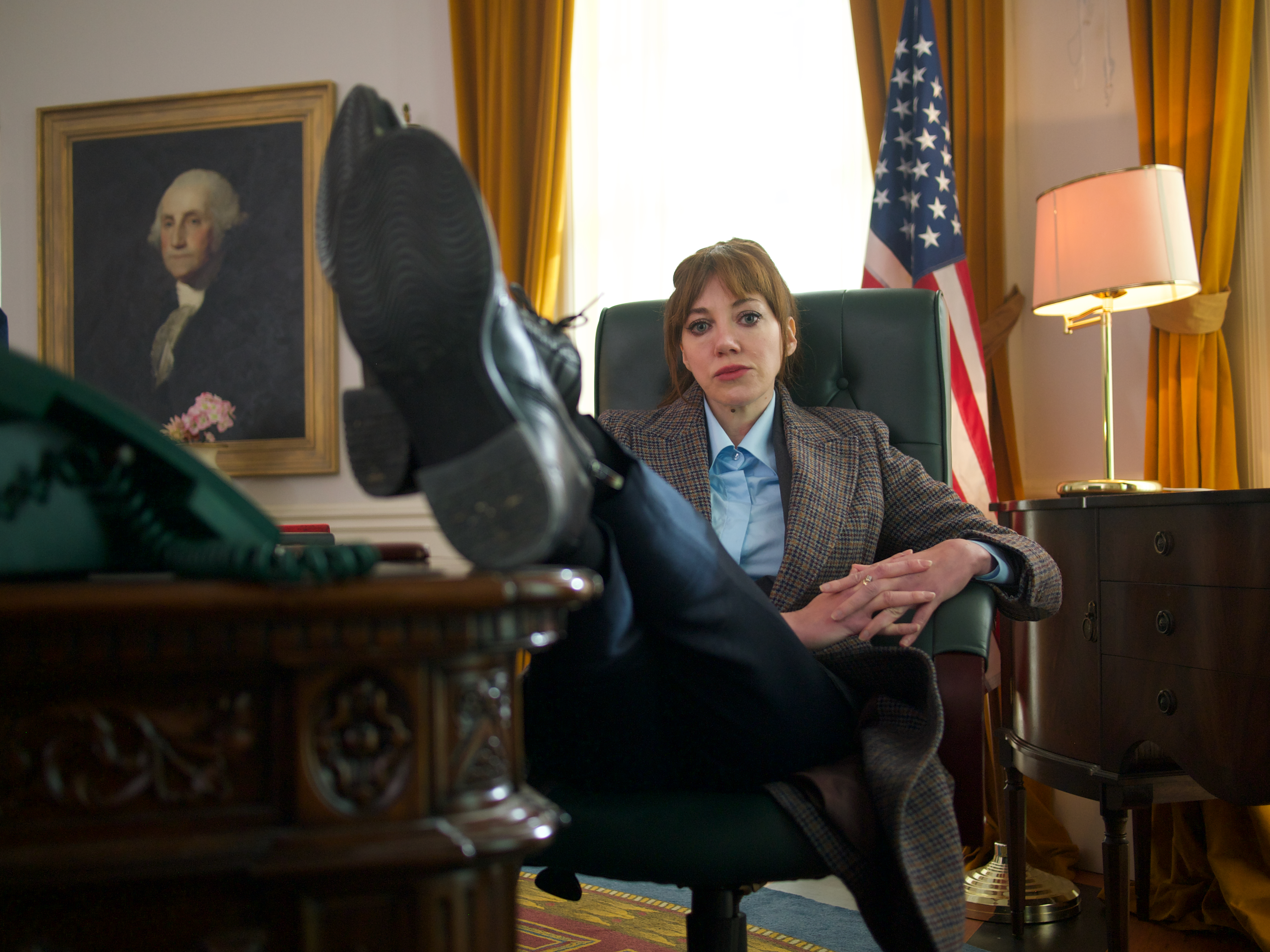 Diane Morgan as Philomena Cunk with in the White House in 'Cunk on Earth'. Image: Courtesy of Netflix