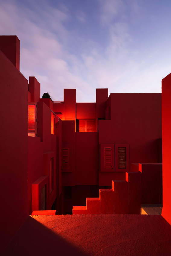 "Muralla Roja". As the sun was coming out and the day was taking over, I started to feel that my visit was coming to an end, but I was running high on excitement and everywhere I looked I found interesting new photographs. Designed by Ricardo Bofill, the Muralla Roja apartment complex is one of the most iconic pieces of Spanish architecture. Over the years I have revisited this place to photograph it again and again. On my last visit, in December 2021, my goal was to create a totally different series by capturing the Muralla Roja during the day, at sunset, at night and at sunrise. I started shooting very early in the morning and continued well into the night. I then woke early to experience an unforgettable sunrise. Sadly, Bofill passed away just a few weeks after my visit, so I consider this series to be a personal tribute to him and his legacy. © Andres Gallardo Albajar, Spain, Finalist, Professional competition, Architecture & Design, Sony World Photography Awards 2023