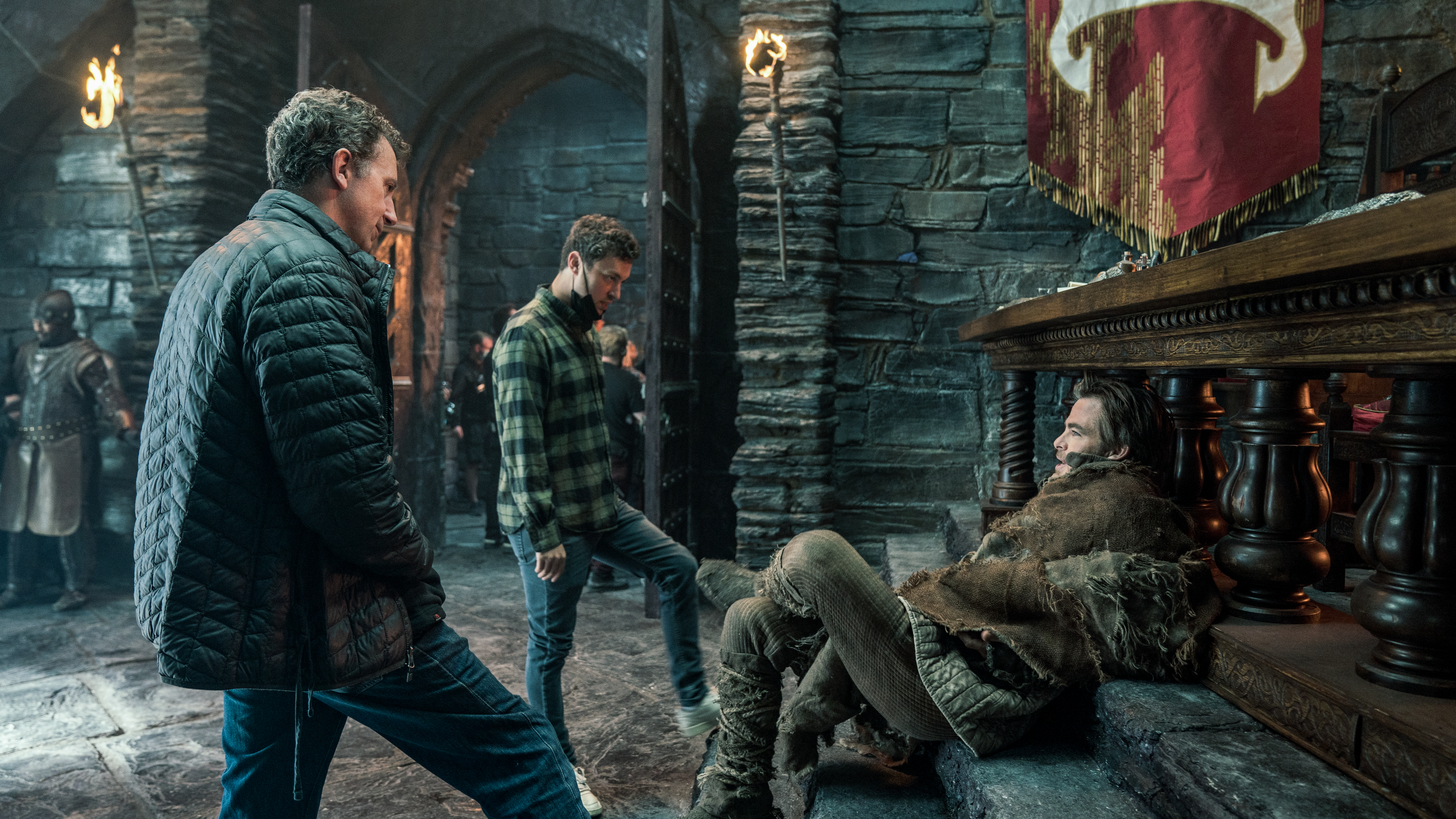 Directors Jonathan Goldstein and John Francis Daley and Chris Pine on the set of 'Dungeons & Dragons: Honor Among Thieves'. Image: Paramount Pictures / eOne / Supplied
