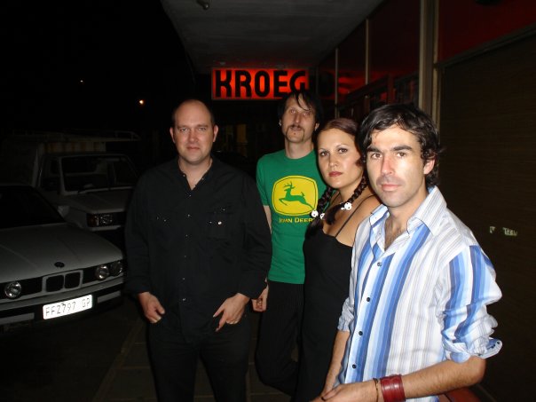 Neversink and band hot and sweaty just off stage at an unknown venue, Pretoria LR Jim Neversink, Matthew Fink, Katherine Hunt, Warrick Poultney. Photographer: Unknown. Image supplied