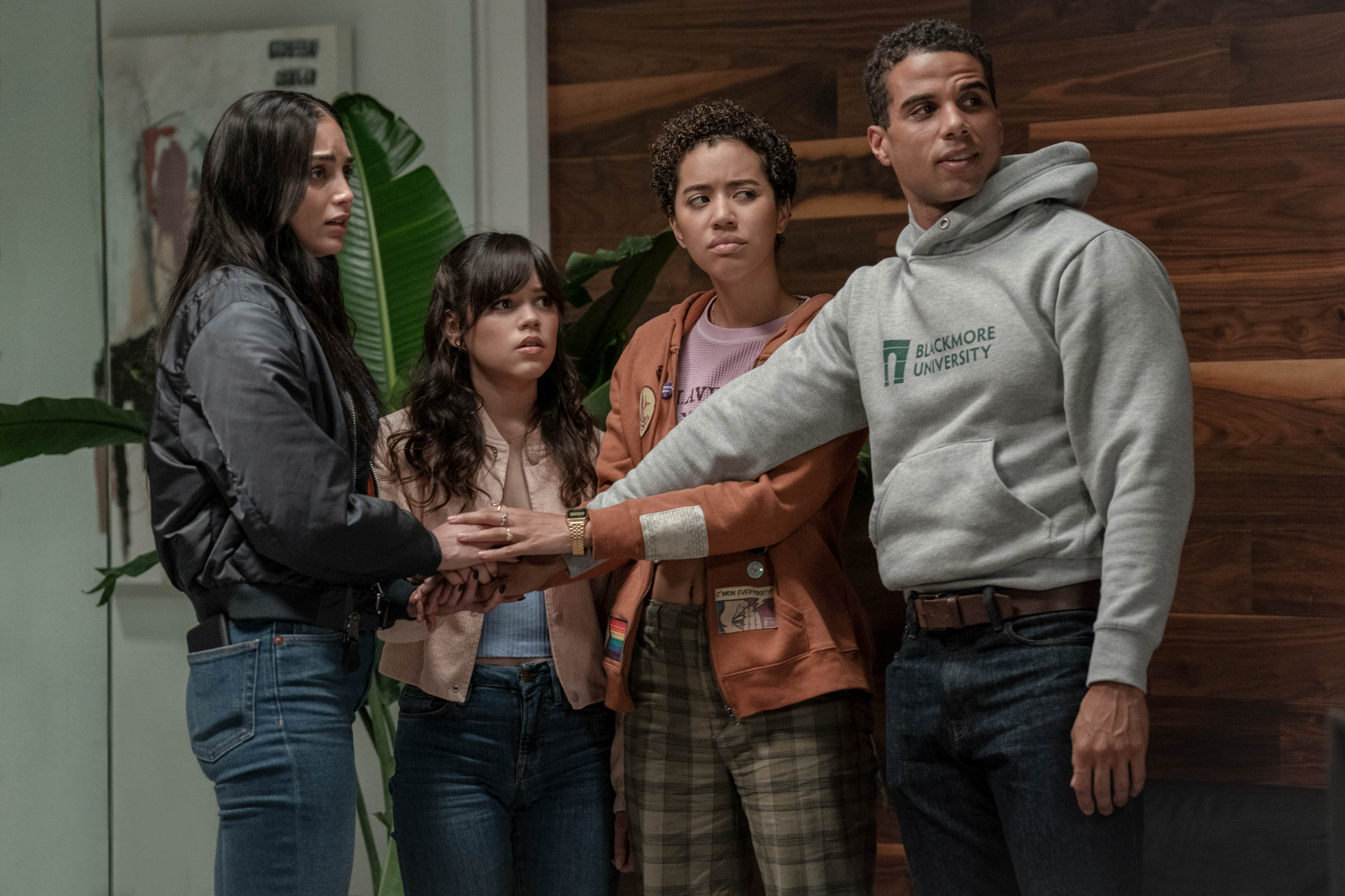 Melissa Barrera, Jenna Ortega, Jasmin Savoy Brown and  Mason Gooding star in Paramount Pictures and Spyglass Media Group's "Scream VI." © 2022 Paramount Pictures. 