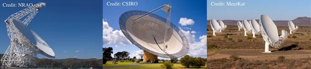 The three radio facilities used in the Breakthrough Listen Initiative. Left to Right: 100m Robert C. Byrd Green Bank Telescope, 64m Murriyang (Parkes) Radio Telescope, 64-antenna MeerKAT array. Images: NRAO, CSIRO, MeerKAT
