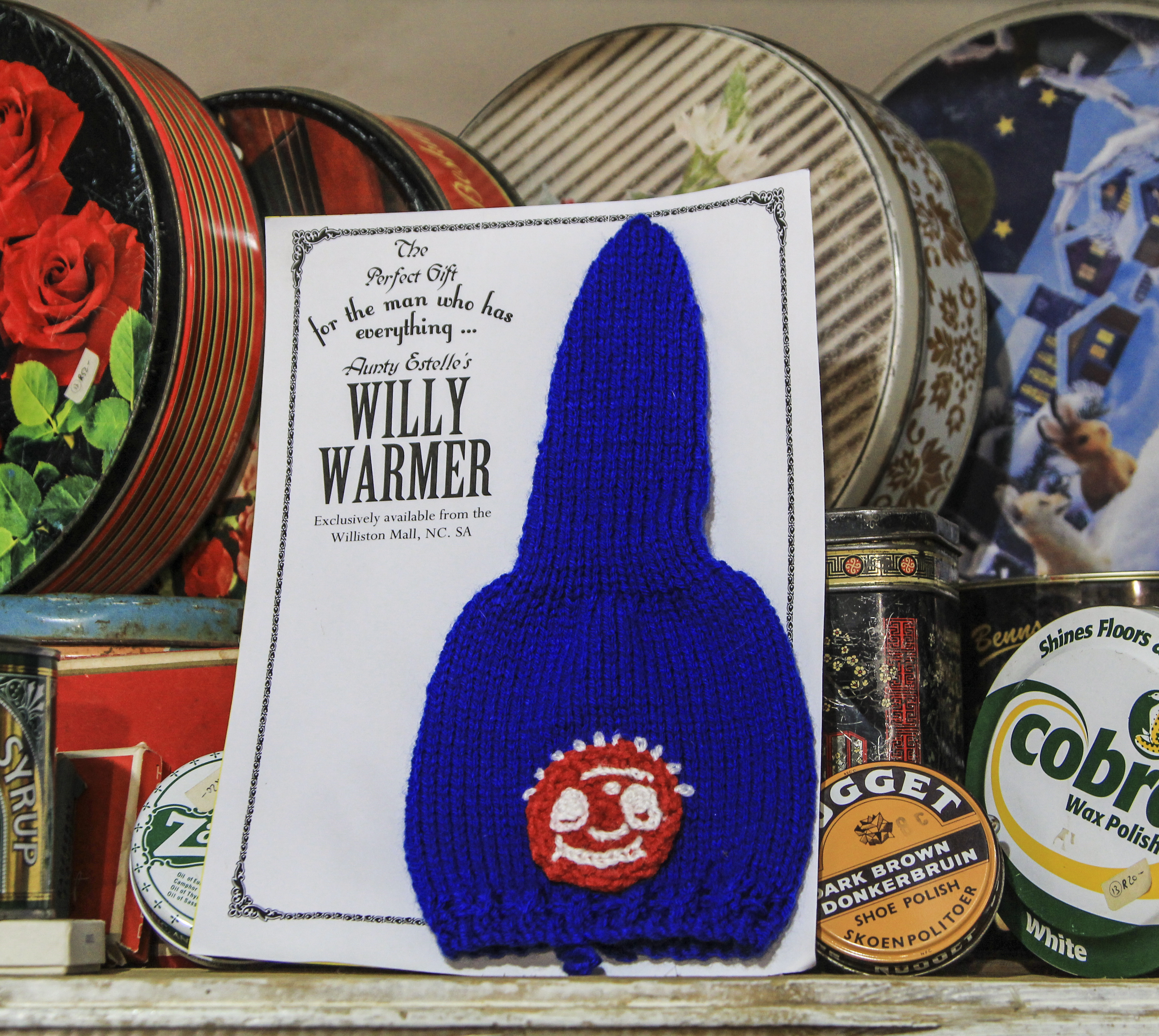 Willy Warmers, knitted by an anonymous local pensioner lady, are on sale at the Williston Mall shop. Image: Chris Marais