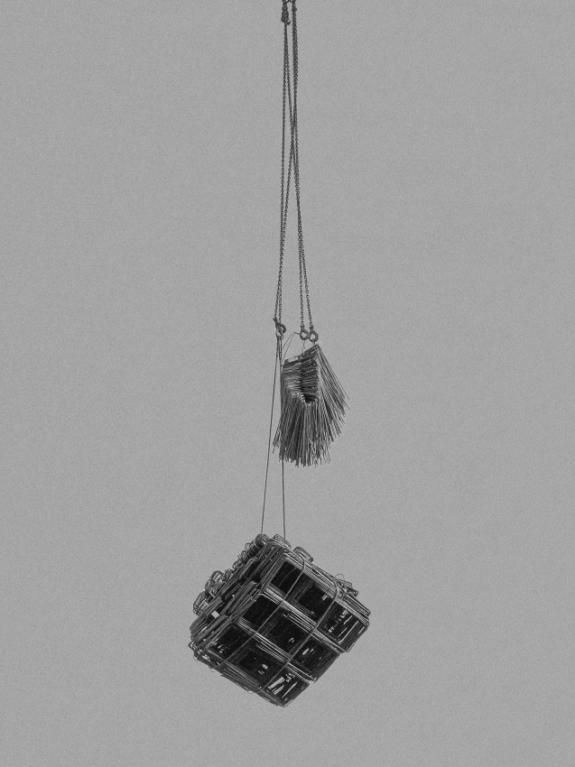 'Temporary Artworks I'. Reinforcing mesh at a construction site in Düsseldorf, 2022. Towering cranes are part of the urban image in a big city like Düsseldorf, moving heavy components and machines at dizzying heights above construction sites. Mats and bars of iron float silently, seemingly aimless, lingering for a while and being transformed into temporary works of art until they finally disappear into the building for eternity. For many months I visited numerous construction sites, waiting for a suitable subject, often in vain. The minimalist representation directs the viewer's gaze to the essentials: works of art in transition. © Klaus Lenzen, Germany, Shortlist, Professional competition, Still Life, Sony World Photography Awards 2023