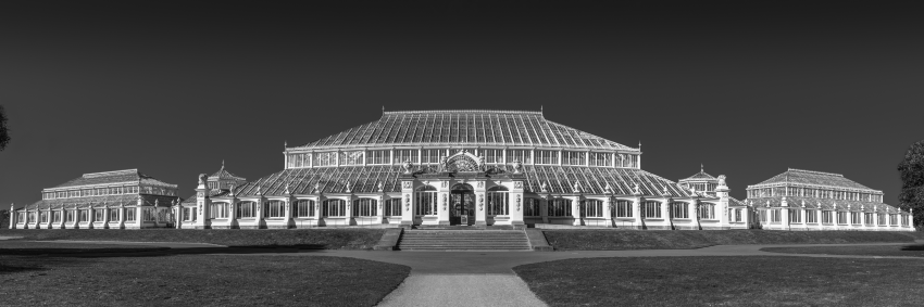 'Temperate House at Kew Gardens'. The Temperate House at Kew Gardens, London, on a clear summer day. I created this panorama from three images, which I converted to black and white. © Tony Cowburn, United Kingdom, Shortlist, Open Competition, Architecture, 2023 Sony World Photography Awards 