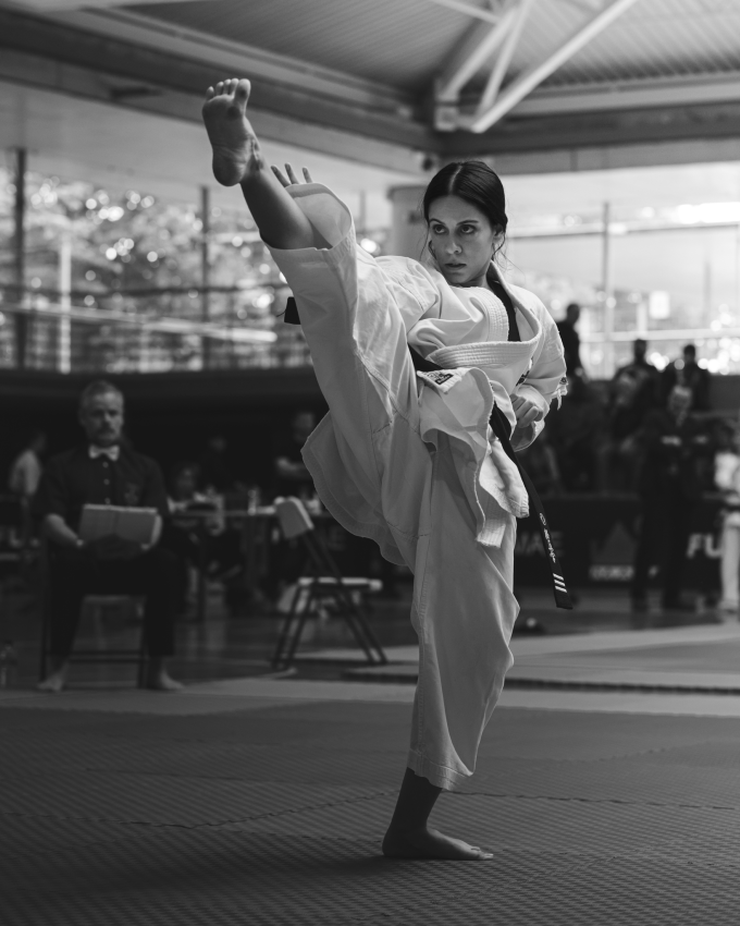 'Perfection'. We have shared the same gym for many years, and I knew that her kata – a choreographed set of moves – would be beautiful. Taken at the European Championship of Catalonia in Santa Susana, 22 October 2022. © Gabriel Hernandez, Spain, Shortlist, Open Competition, Motion, 2023 Sony World Photography Awards
