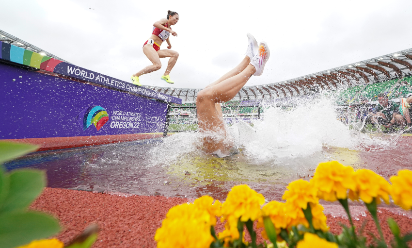 'Steeplechase Fall'. At the World Athletics Championships in Oregon, the women’s 3,000-metre steeplechase heats witnessed a dramatic fall from Germany’s Lea Meyer. As she ran up to the water obstacle, Lea clipped the hurdle, flew through the air and disappeared into the water, reemerging totally soaked. © Martin Rickett, United Kingdom, Shortlist, Open Competition, Motion, 2023 Sony World Photography Awards