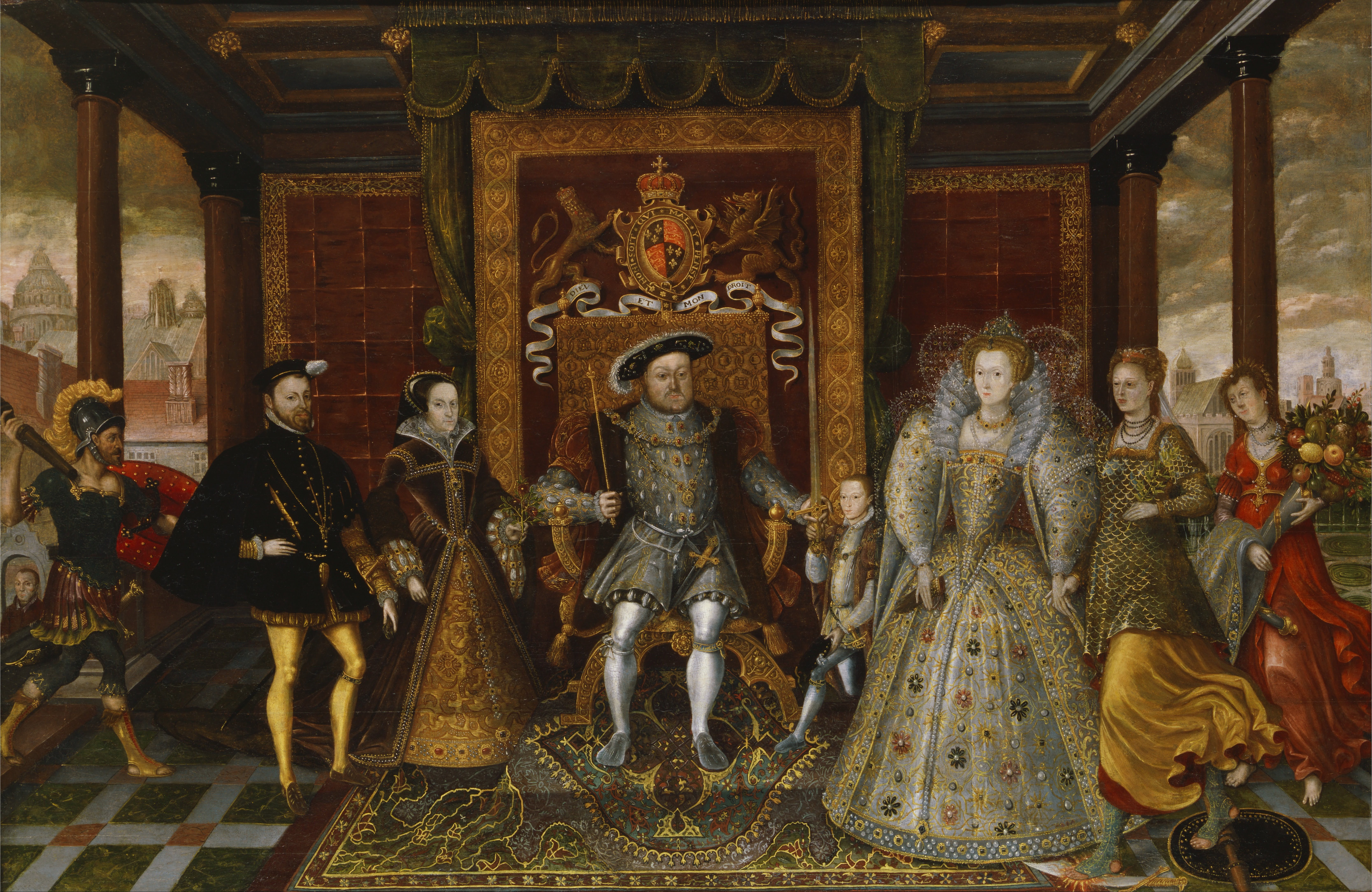 If you weren’t part of the nobility, you weren’t allowed to wear crimson or blue. Image: 'An Allegory of the Tudor Succession: The Family of Henry VIII' / Yale Center for British Art, Paul Mellon Collection