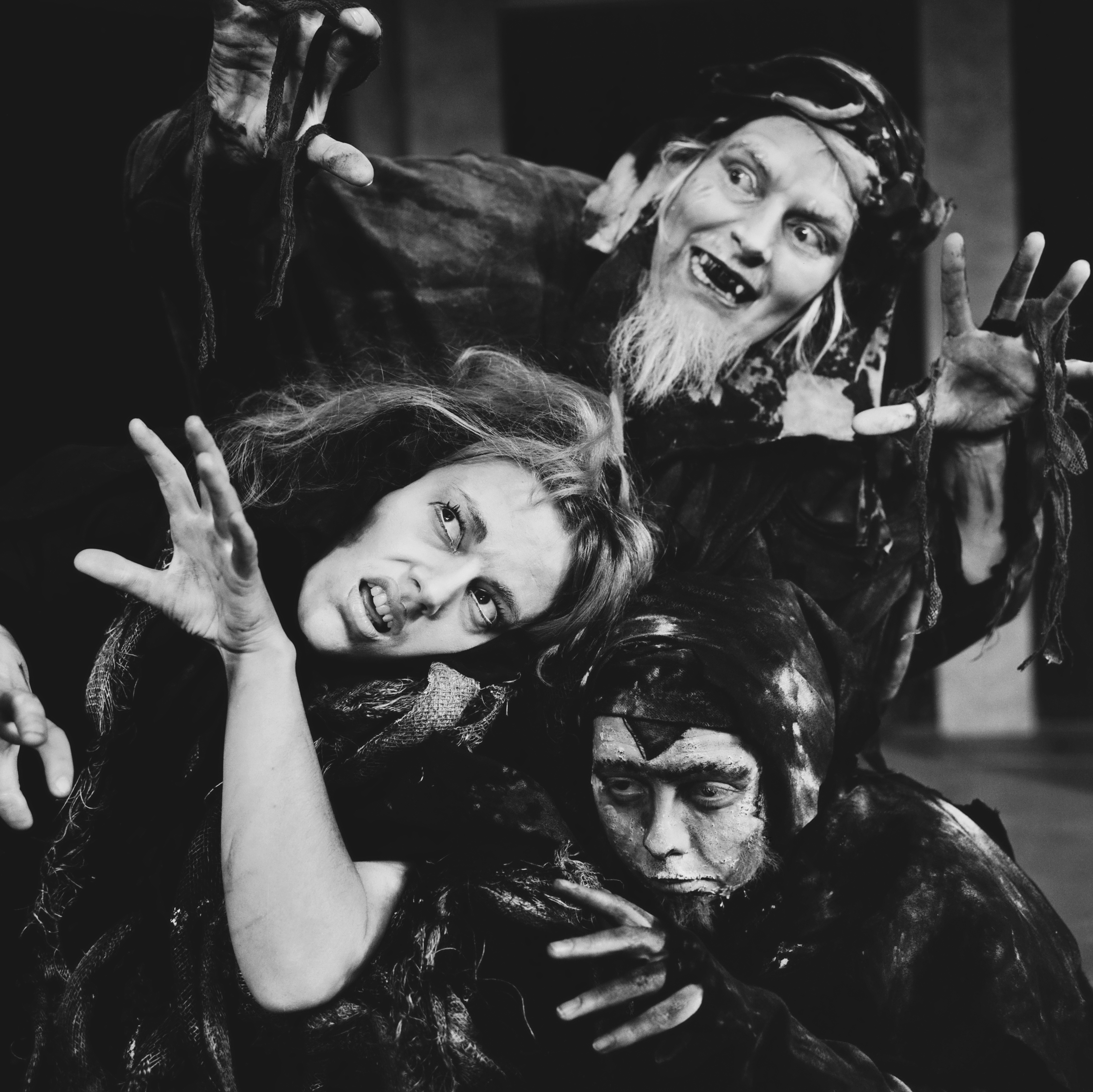 British actresses Coral Atkins, Dennis Coffey and Hilda Fenemore as the three witches starring in the play 'Macbeth' at the Mermaid Theatre, London, UK, 21st April 1964. (Photo by Larry Ellis/Daily Express/Hulton Archive/Getty Images)