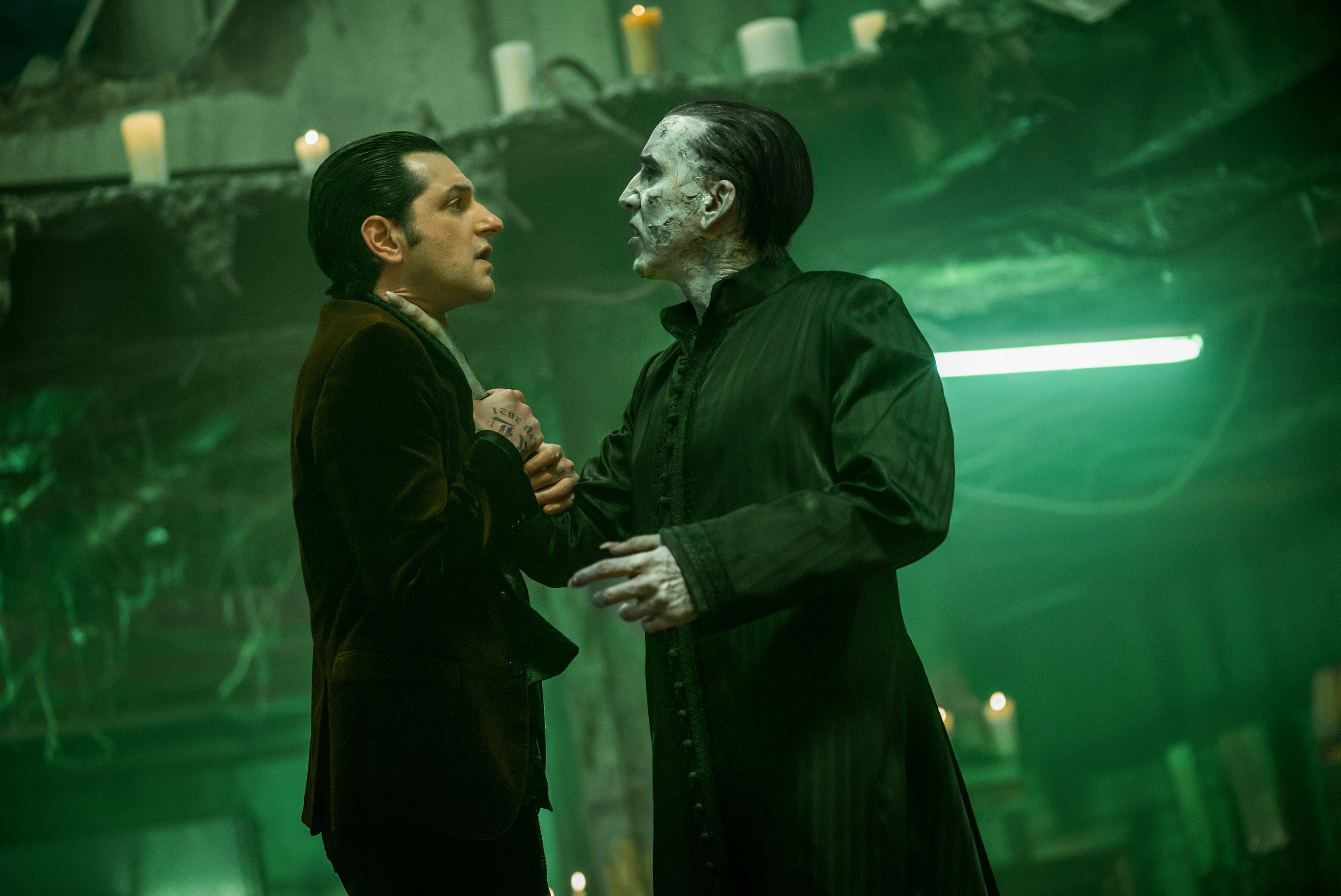 Nicholas Cage as Dracula and Nicholas Hoult as Renfield in 'Renfield'. Image: Universal Pictures