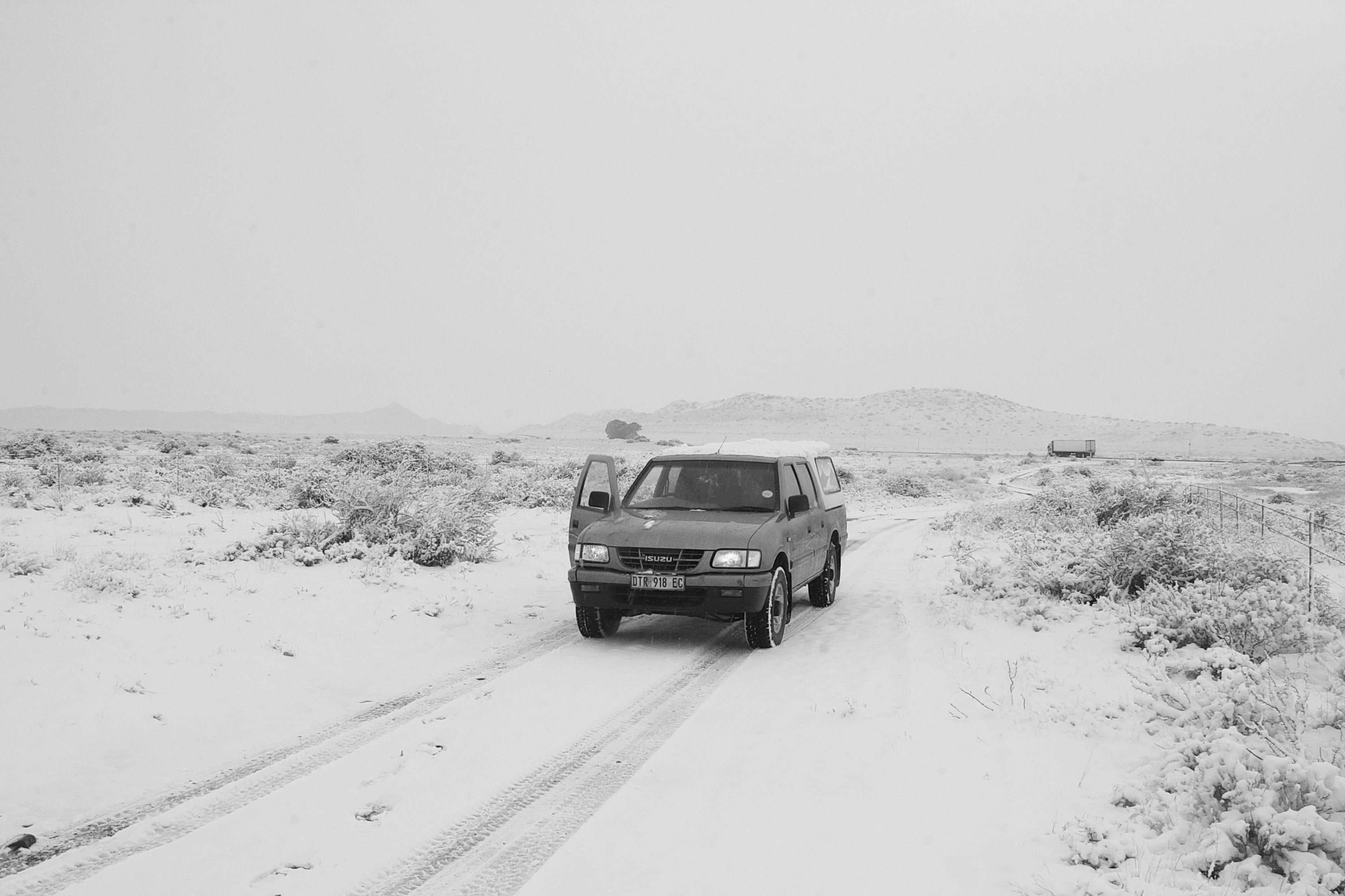 The old Karoo Space bakkie in the midst of the most unusual local blizzard of 2018. Image: Chris Marais