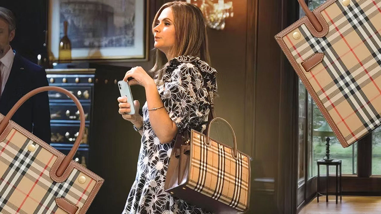 A Burberry tote bag on the shoulder of Cousin Greg’s date to Logan’s birthday party. in 'Succession'. Image: Succession/HBO