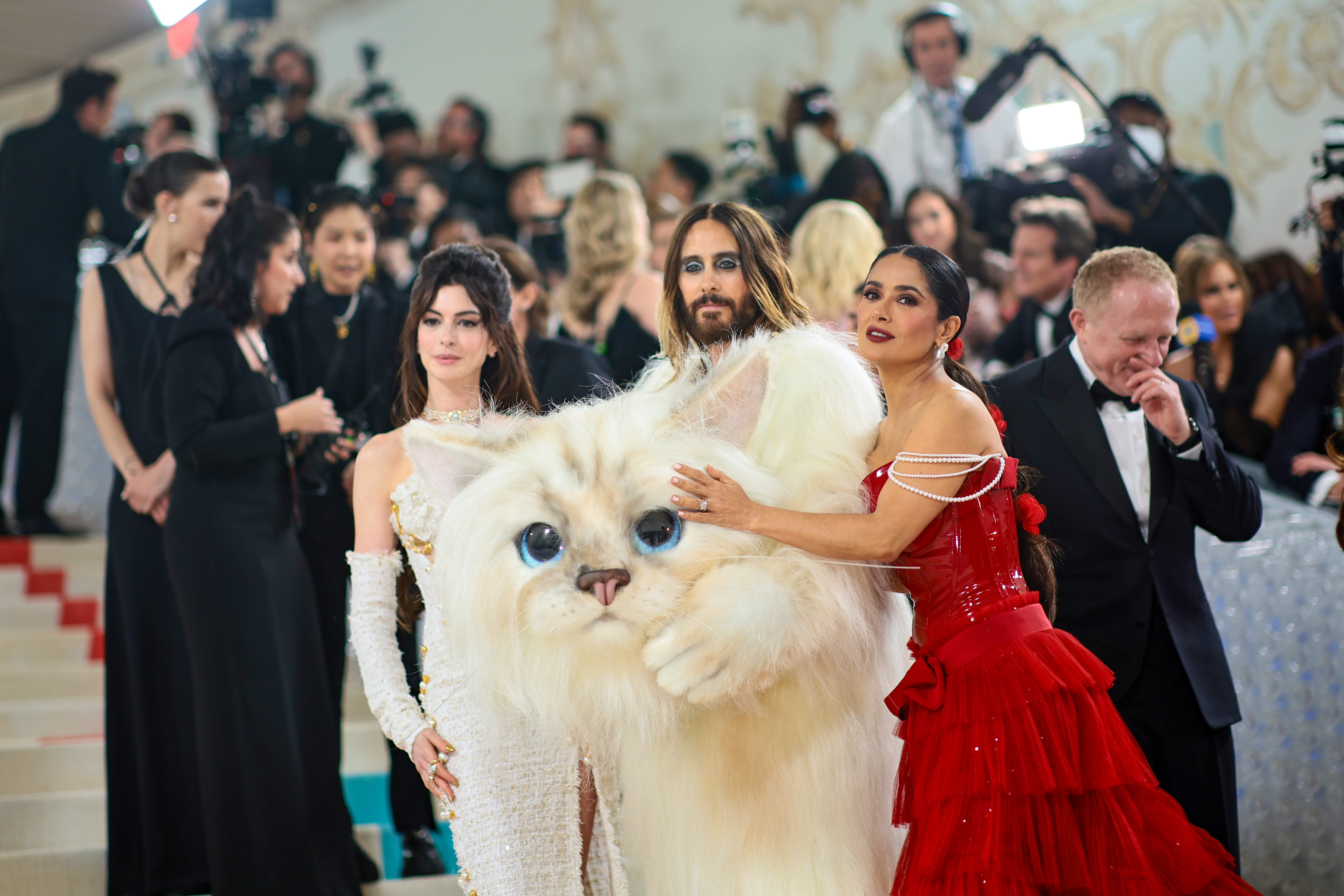 Anne Hathaway, Jared Leto, and Salma Hayek Pinault attend The 2023 Met Gala Celebrating "Karl Lagerfeld: A Line Of Beauty" at The Metropolitan Museum of Art on May 01, 2023 in New York City. (Photo by Dimitrios Kambouris/Getty Images for The Met Museum/Vogue)