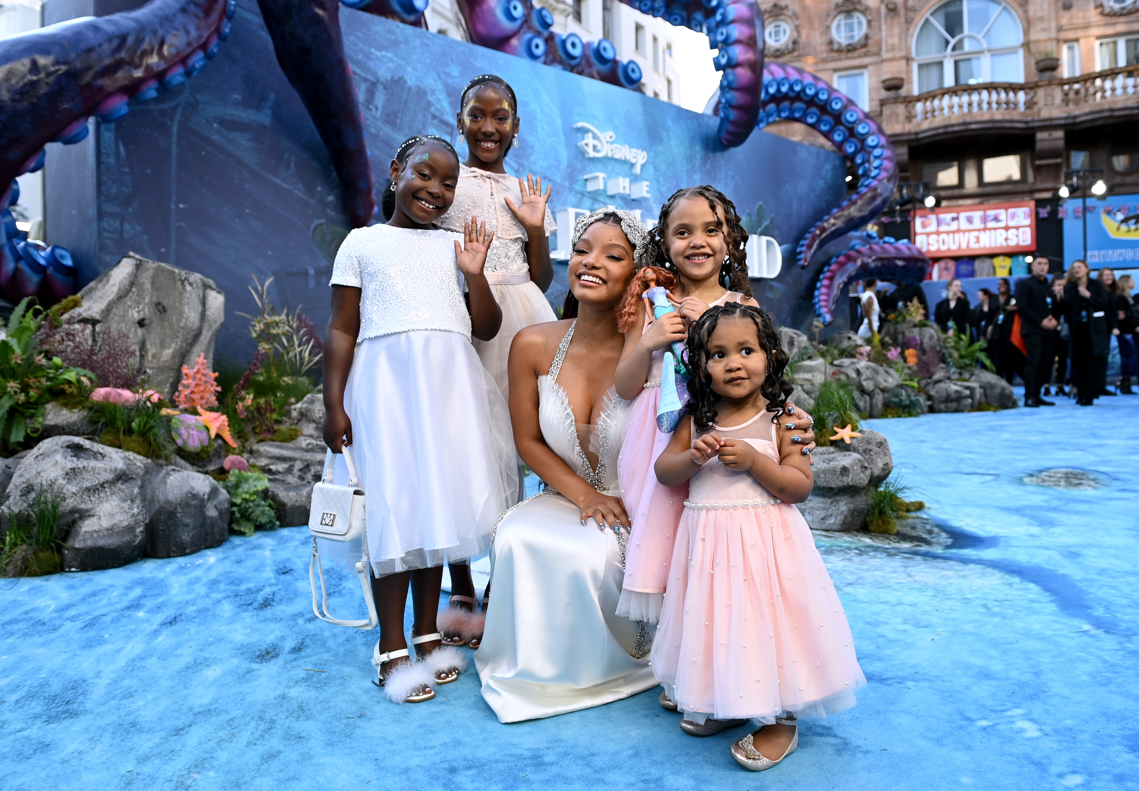 Halle Bailey with young fans at the UK Premiere of Disney's "The Little Mermaid" on May 15, 2023 in London, England. (Photo by Kate Green/Getty Images for Disney)